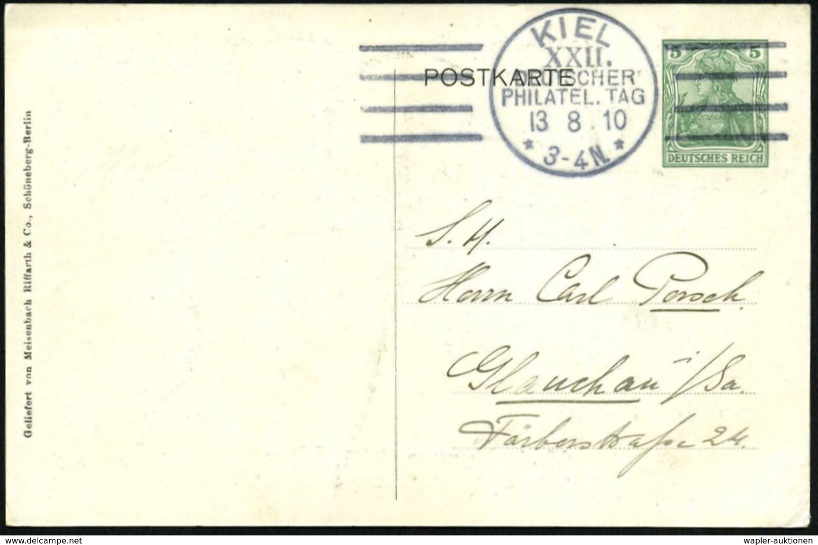 BRÜCKEN : KIEL/ XXII./ DT./ PHILATELISTENTAG/ ** 1910 (12.8.) Seltener FaSSt (je 4 Striche) Glasklar Auf PP 5 Pf. German - Ponti