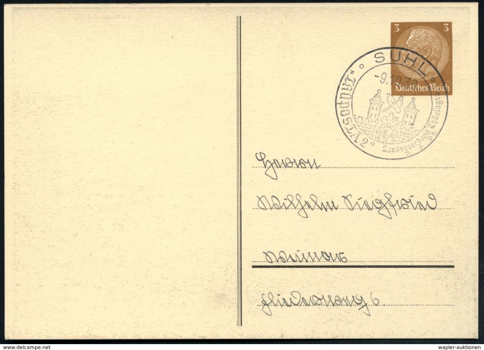 BRÜCKEN : SUHL/ "THÜPOSTA 2".. 1938 (9.10.) SSt (Wappen) Auf PP 3 Pf. Hindenbg., Braun:Thüposta 2.. = Postkutsche Auf St - Bridges