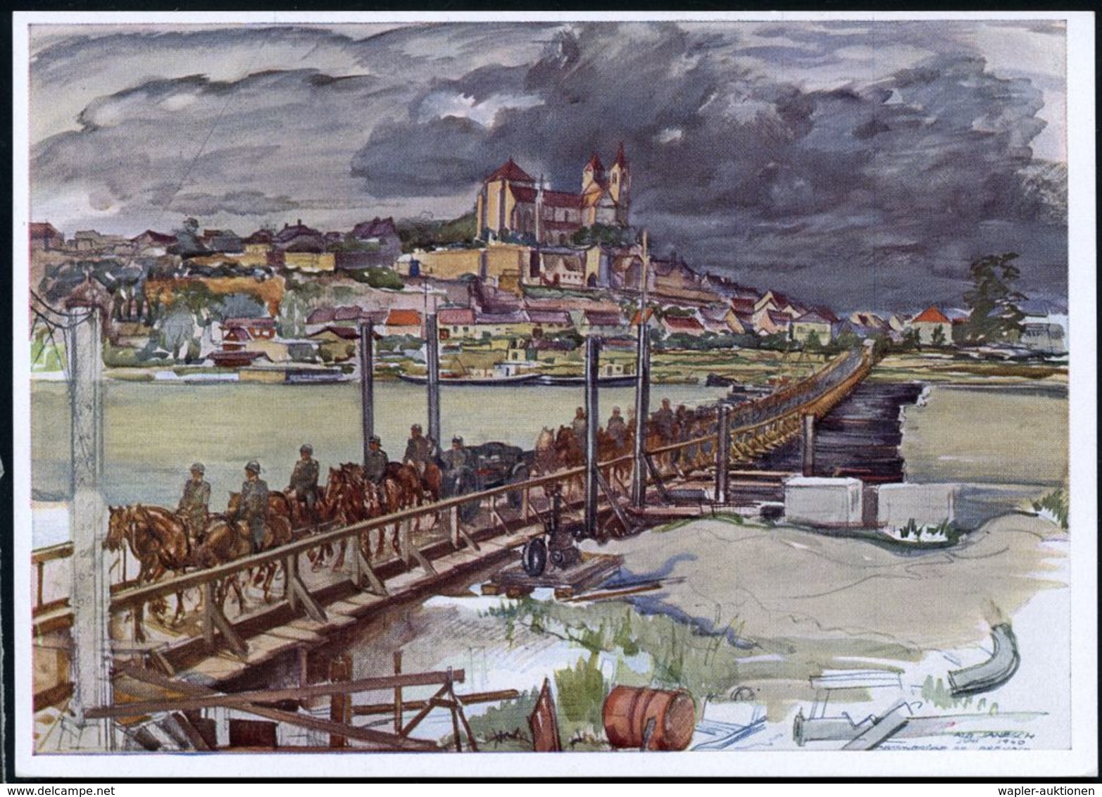 BRÜCKEN : DEUTSCHES REICH 1941 (7.9.) PP 6 Pf. Posthorn, Viol.: Pontonbrücke Mit Bespannter Artillerie Bei Breisach Von  - Ponti