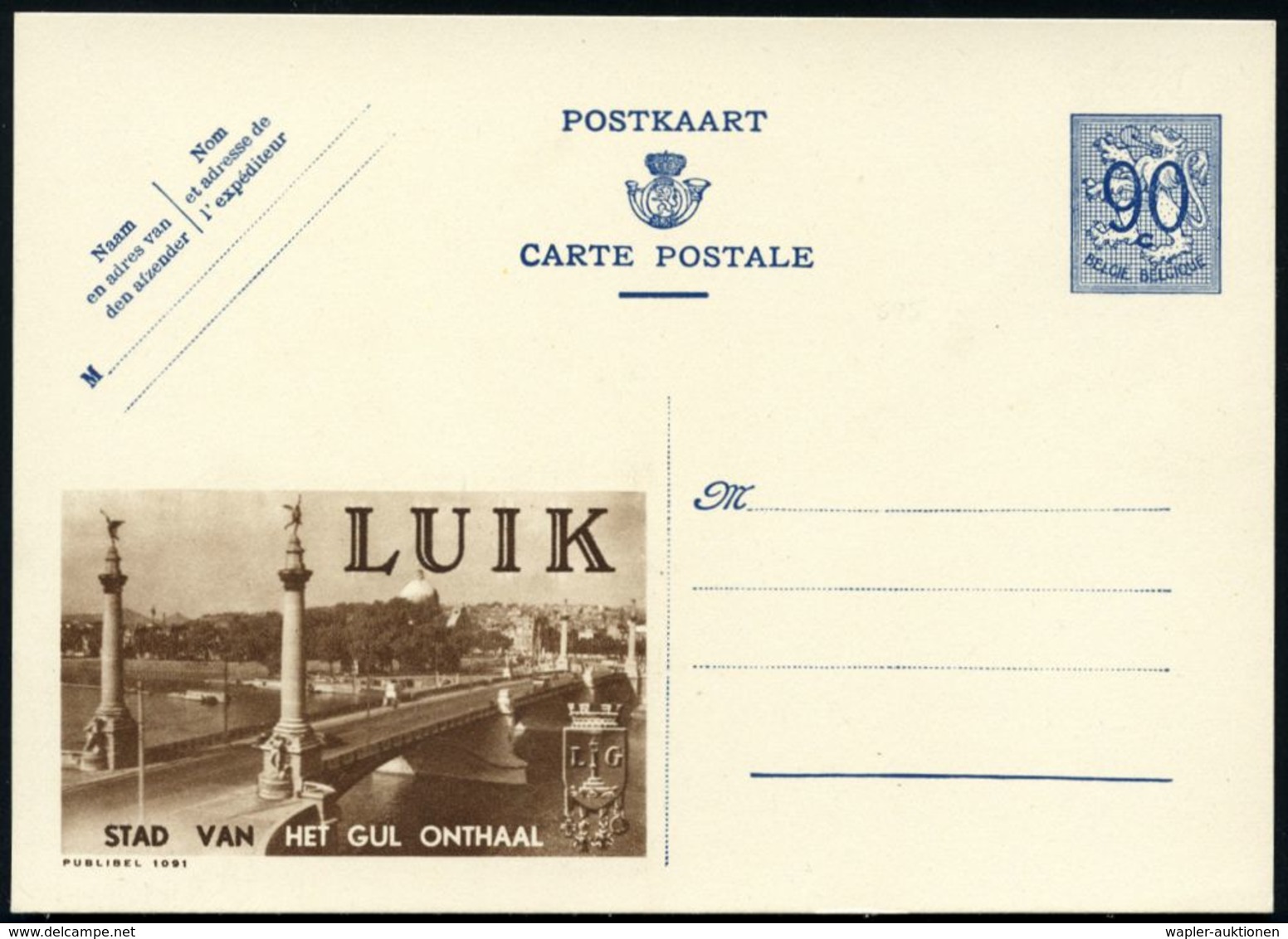 BRÜCKEN : BELGIEN 1951 BiP 90 C. Löwe, Blau: LUIK/ STAD VANHET GUL ONTHAAL = Ourthe-Brücke (mit 4 Säulen U. Engeln, Stad - Bridges