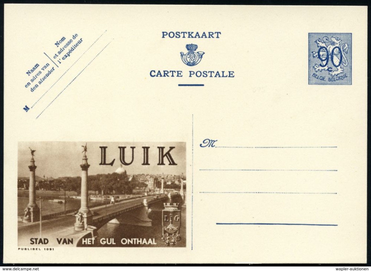BRÜCKEN : BELGIEN 1951 BiP 90 C. Löwe, Blau: LUIK/ STAD VANHET GUL ONTHAAL = Ourthe-Brücke (mit 4 Säulen U. Engeln, Stad - Ponts