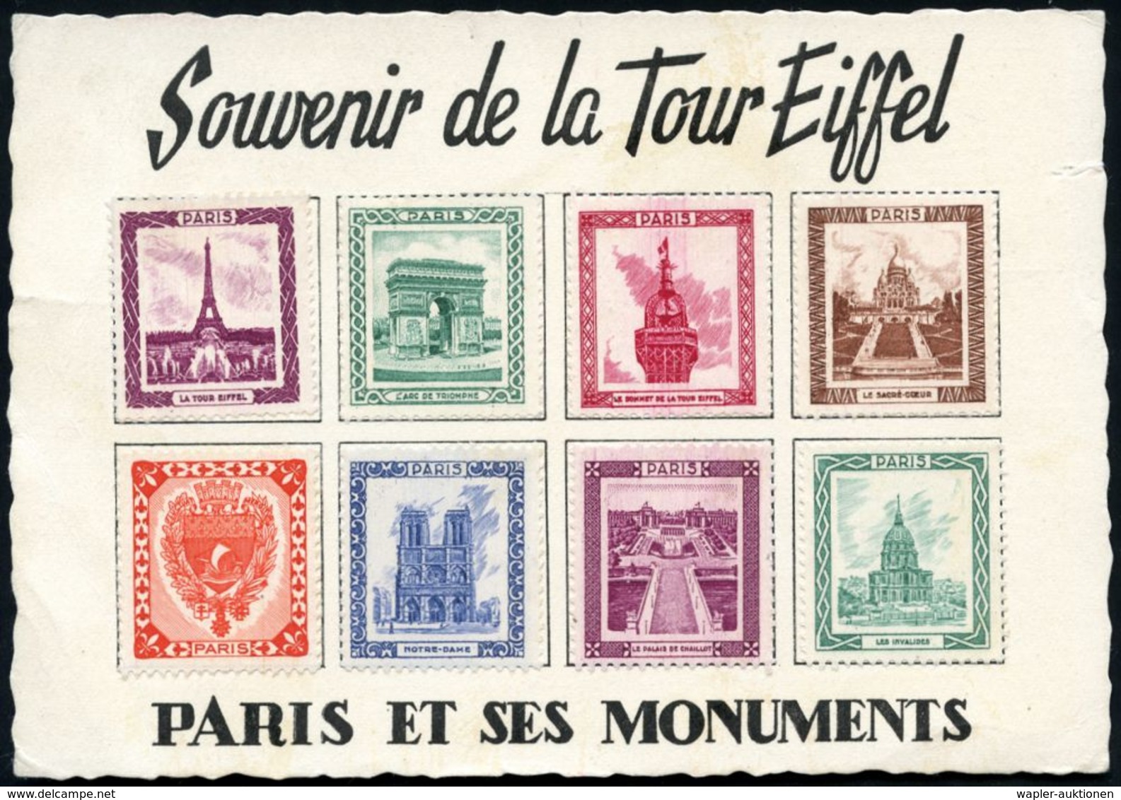 TÜRME : FRANKREICH 1953 (14.5.) AFS.: PARIS-VII/C.3808/PARIS/TOUR EIFFEL/SOMMET 300 METRES Auf 2 Eiffel-Turm-Vignetten + - Monuments