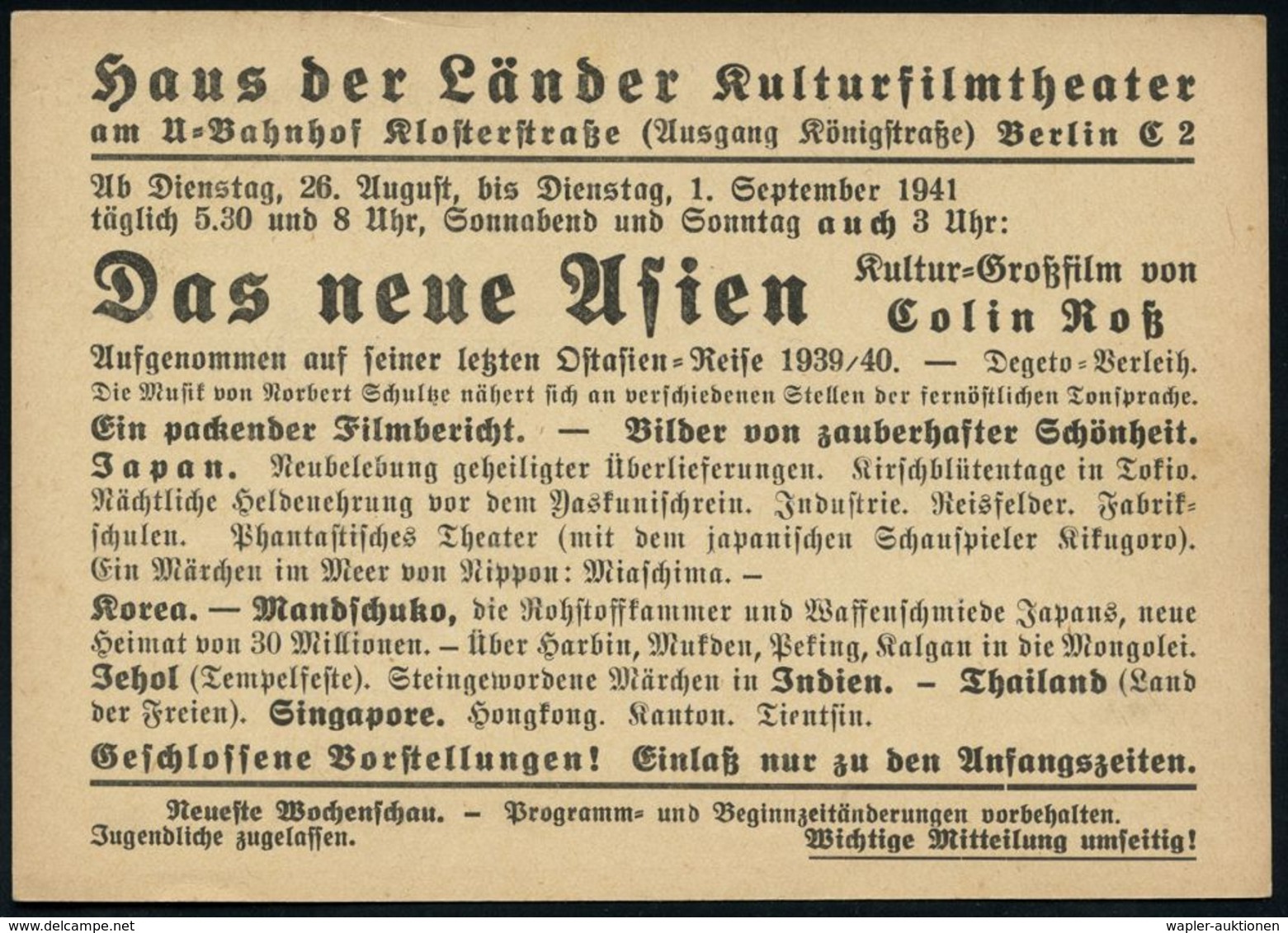 ASIATISCHE GESCHICHTE : BERLIN NW 7/ Mo/ Deutsches/ Reich 1941 (26.8.) PFS 3 Pf. Adler Auf Reklame-Kt.: Haus Der Länder  - Autres & Non Classés