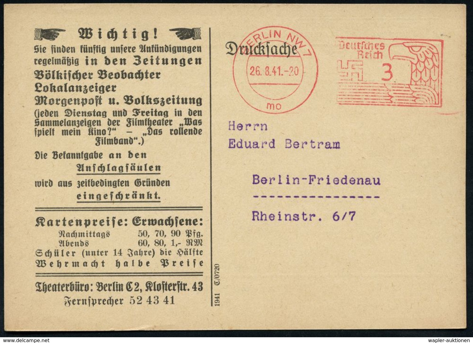 ASIATISCHE GESCHICHTE : BERLIN NW 7/ Mo/ Deutsches/ Reich 1941 (26.8.) PFS 3 Pf. Adler Auf Reklame-Kt.: Haus Der Länder  - Autres & Non Classés