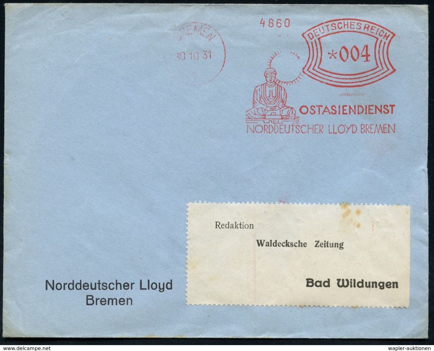 ASIATISCHE GESCHICHTE : BREMEN/ 1/ OSTASIENDIENST/ NORDDT.LLOYD 1931 (17.10.) Seltener AFS = Großer Buddha "Daibutsu" Vo - Autres & Non Classés