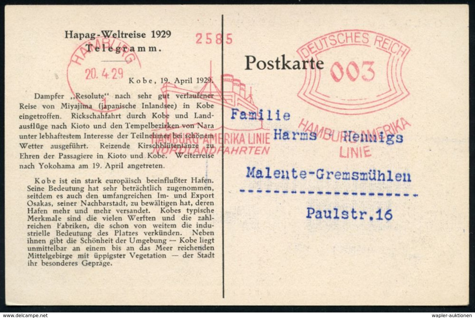 ASIATISCHE GESCHICHTE : HAMBURG/ 1/ ..NORDLANDFAHRTEN/ HAMBURG AMERIKA/ LINIE 1929 (20.4.) Seltener AFS (Fahrgastschiff) - Sonstige & Ohne Zuordnung