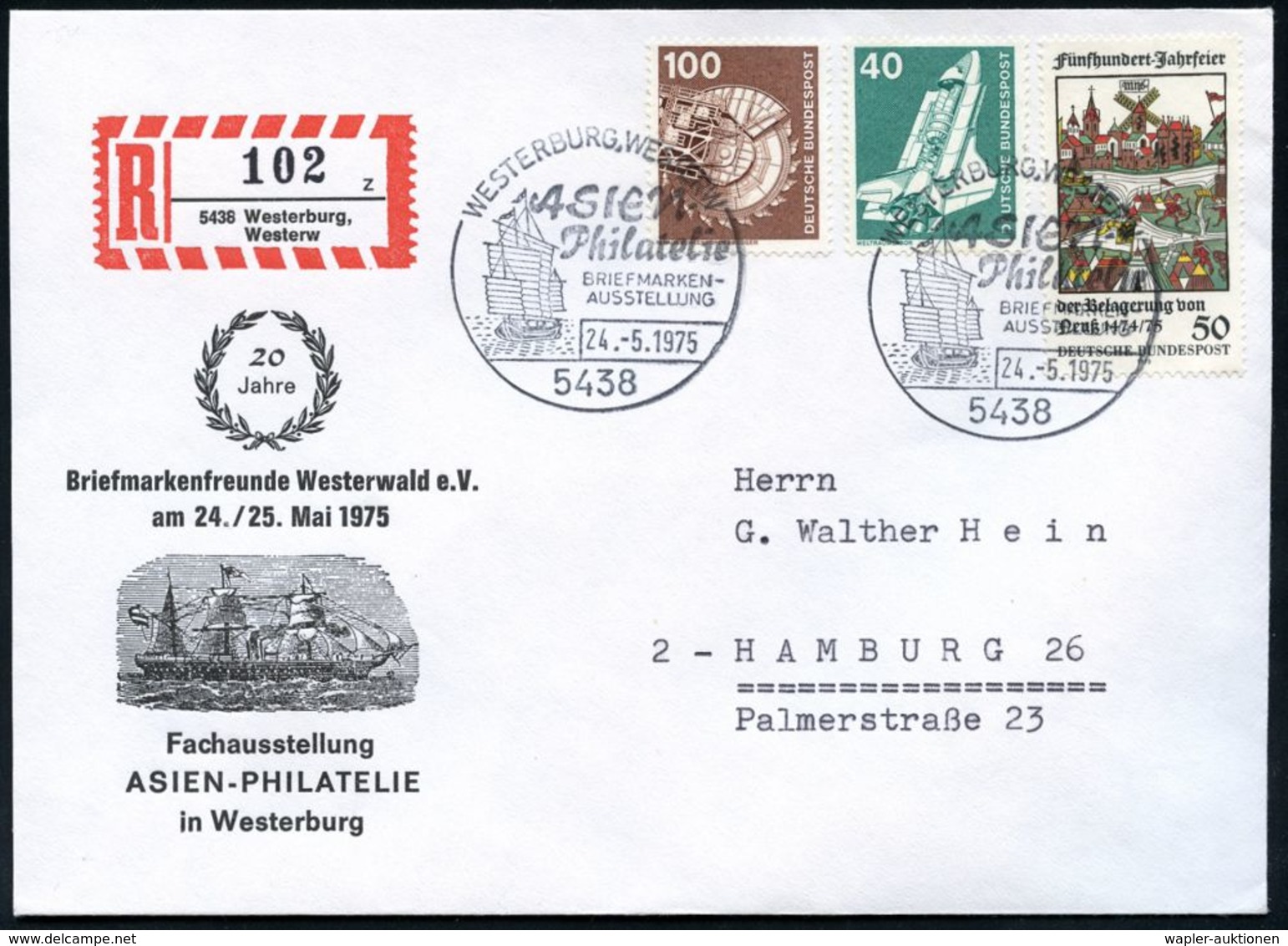 ASIATISCHE GESCHICHTE : 5438 WESTERBURG,WESTERW/ Asien/ Philatelie.. 1975 (24.5.) SSt = Asiat. Segelschiff (Dschunke) 2x - Autres & Non Classés