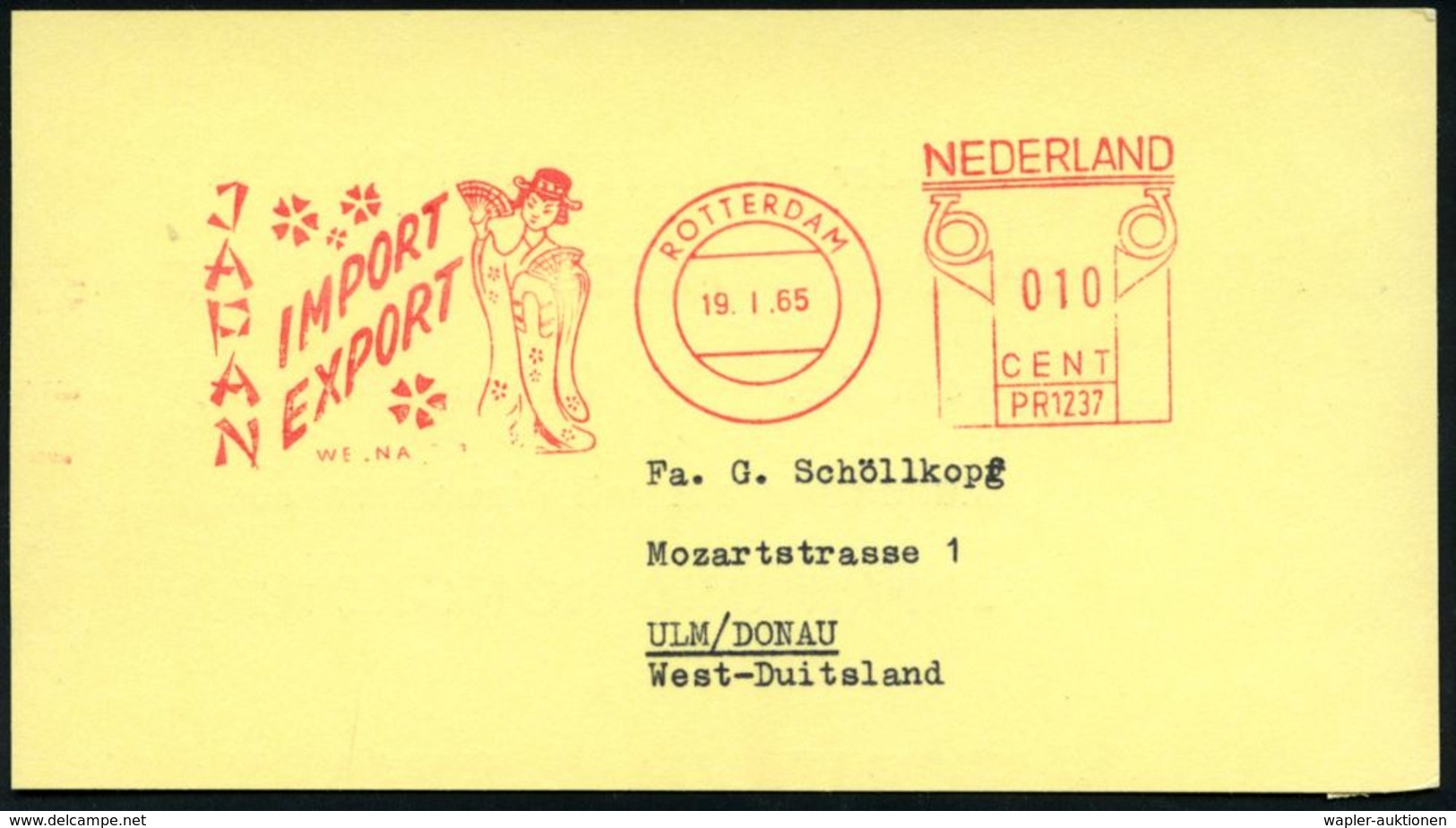 ASIATISCHE GESCHICHTE : NIEDERLANDE 1965 (19.1.) AFS.: ROTTERDAM/PR1237/JAPAN/IMPORT/EXPORT (Frau In Tracht Mit Fächer)  - Autres & Non Classés