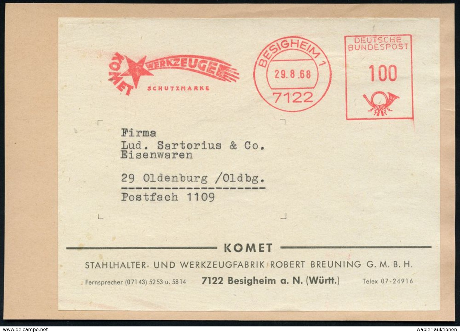 ASTRONOMIE / OBSERVATORIEN / PLANETARIEN : (14a) #bzw#7122 BIETIGHEIM (WÜRTT)/ KOMET/ WERKZEUGE 1968 (29.8.) AFS = Komet - Astronomie