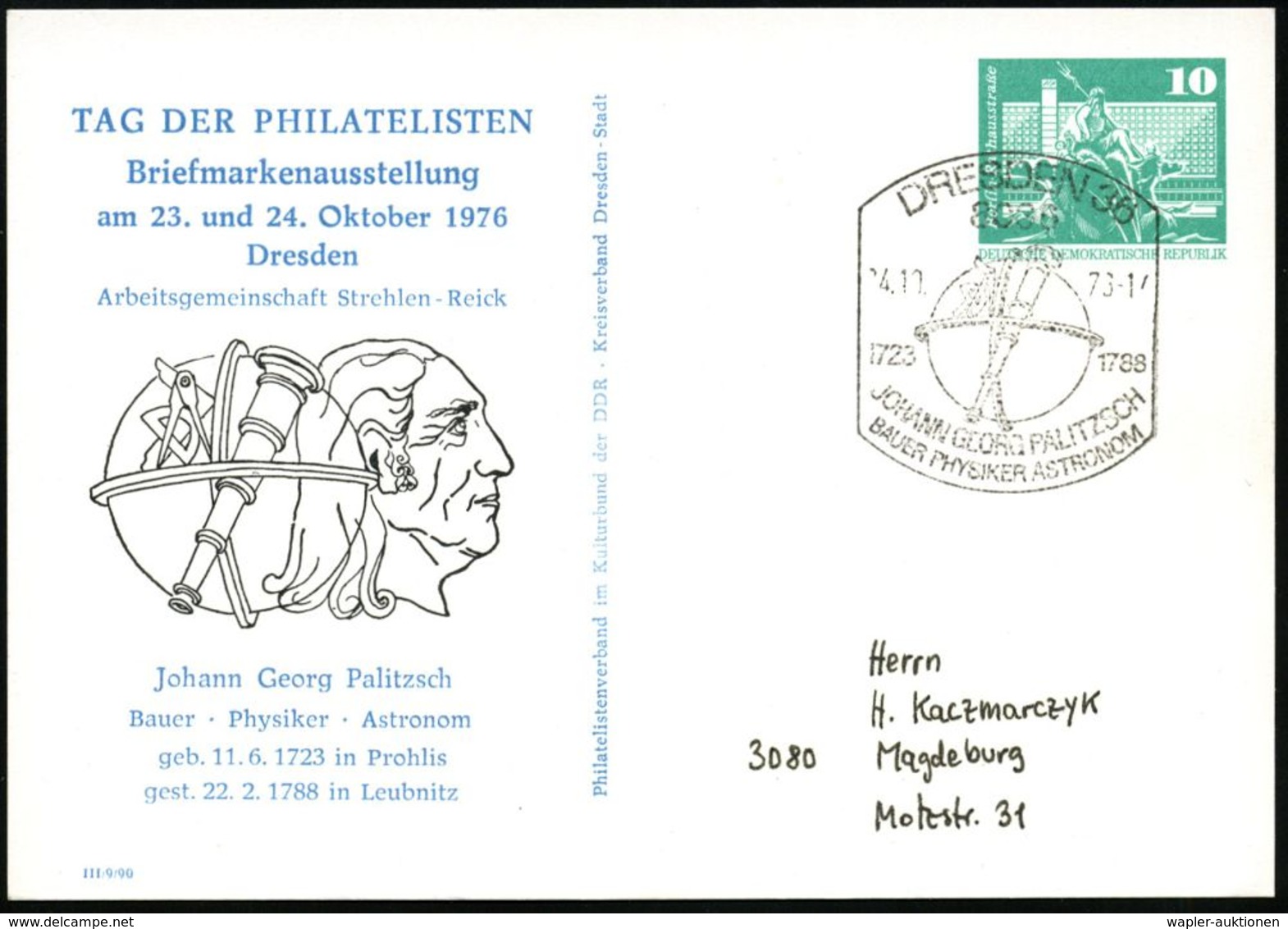 BERÜHMTE ASTRONOMEN / KOPERNIKUS : 8036 DRESDEN 36/ 1723 1788/ J.G.PALITZSCH.. 1976 (4.10.) SSt = Fernrohr (vor Globus)  - Astronomie