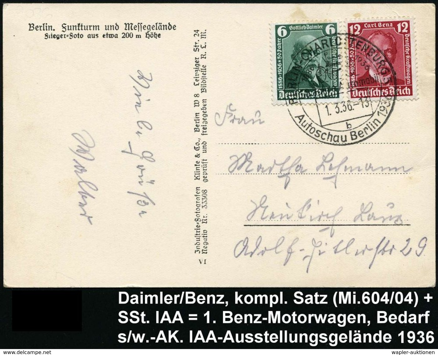 MERCEDES-BENZ  / DAIMLER BENZ : BERLIN-CHARLOTTENBURG 5/ 50 JAHRE AUTOMOBIL/ B/ Autoschau Berlin.. 1936 (1.3.) SSt = 1.  - Automobili