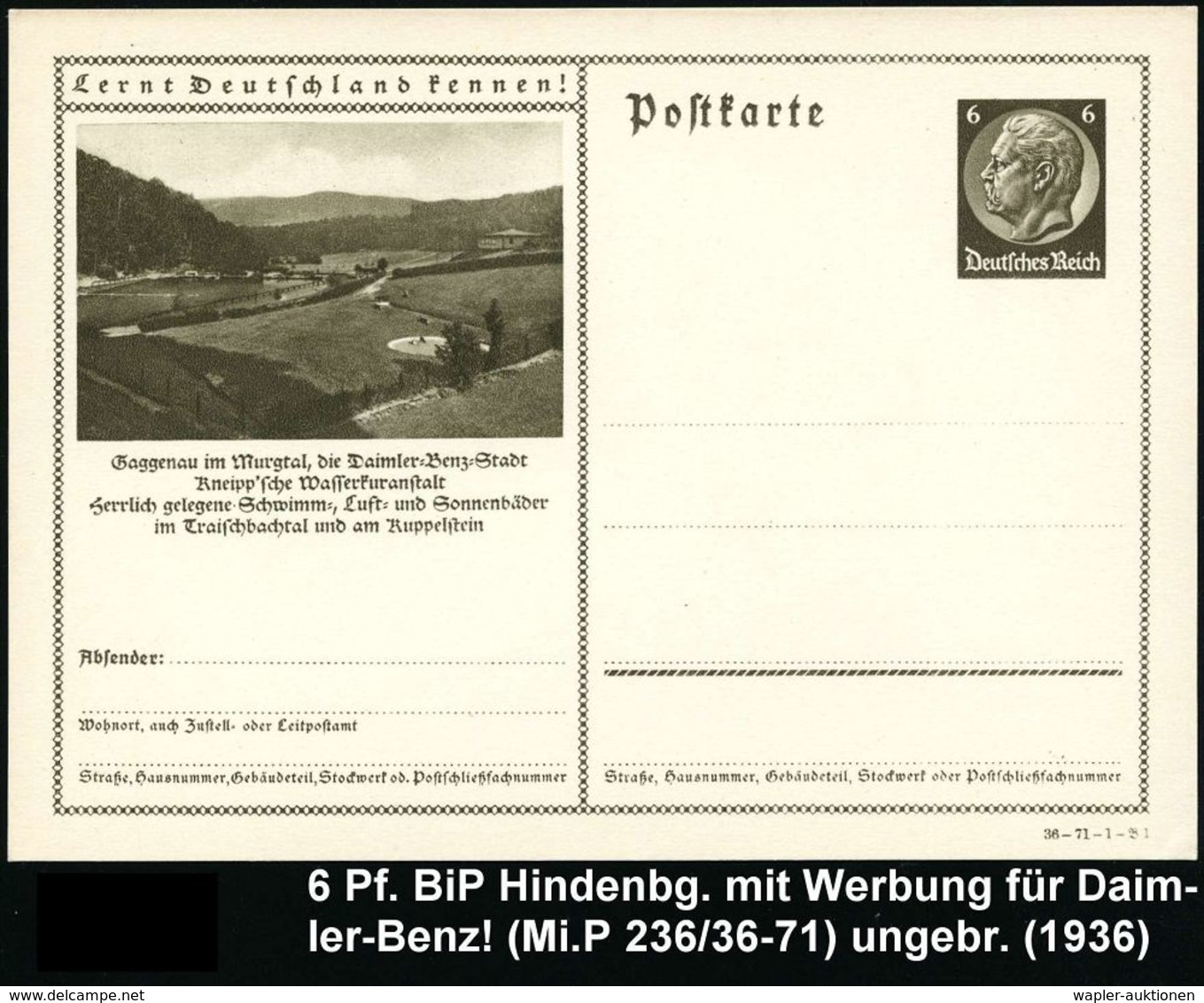 MERCEDES-BENZ  / DAIMLER BENZ : Gaggenau 1936 6 Pf. BiP Hindenbg., Braun: .. Die Daimler-Benz-Stadt.. , Ungebr. (Mi.P 23 - Voitures