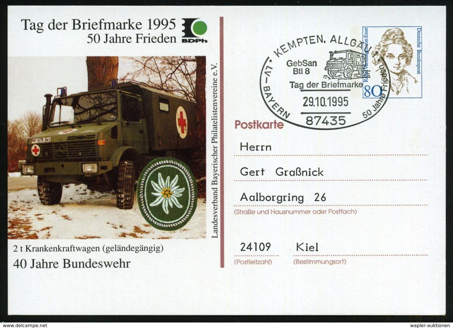 MERCEDES-BENZ  / DAIMLER BENZ : 87435 KEMPTEN,ALLGÄU 1/ Geb San/ Btl 8/ Tag Der Briefmarke 1995 (29.10.) SSt = Unimog Au - Cars