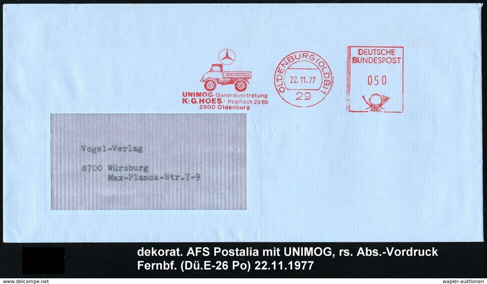 MERCEDES-BENZ  / DAIMLER BENZ : 29 OLDENBURG (OLDB)1/ UNIMOG-Generalvertretung/ K.-G.HOES.. 1977 (22.11.) AFS = MB "Unim - Voitures