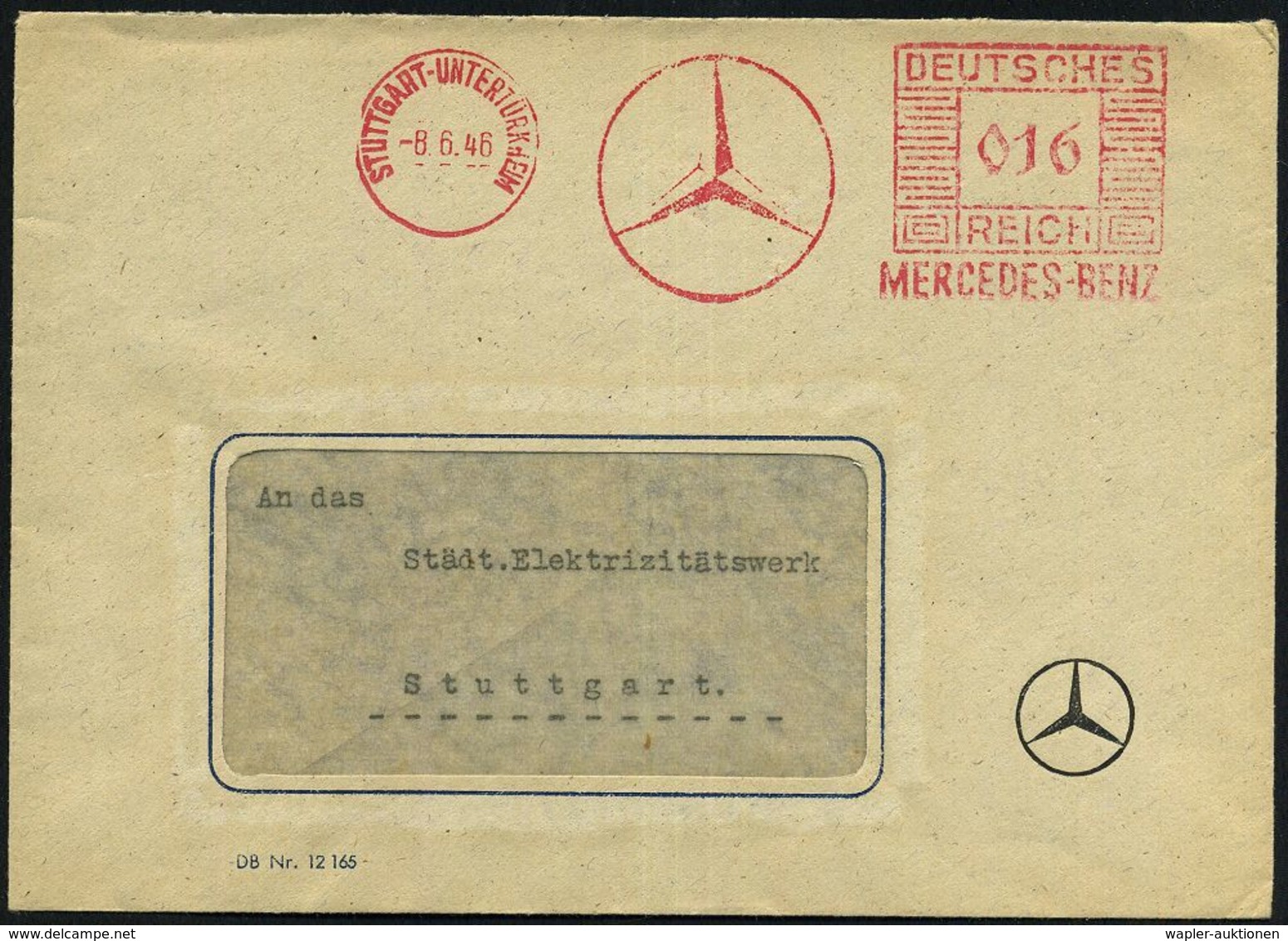 MERCEDES-BENZ  / DAIMLER BENZ : STUTTGART-UNTERTÜRKHEIM/ MERCEDES-BENZ 1946 (8.6.) AFS Mäanderrechteck "DEUTSCHES REICH" - Automobili