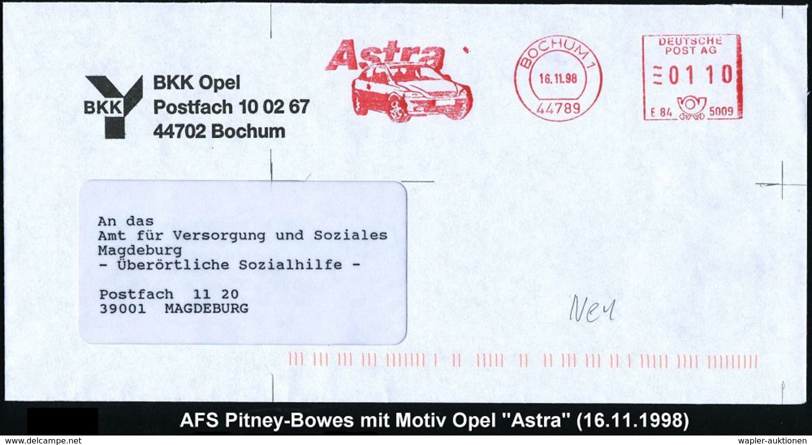 OPEL / GENERAL MOTORS : 44789 BOCHUM 1/ E84 5009/ Astar 1998 (16.11.) AFS "Deutsche Post AG" = Opel "Astra" Auf Firmen-B - Autos