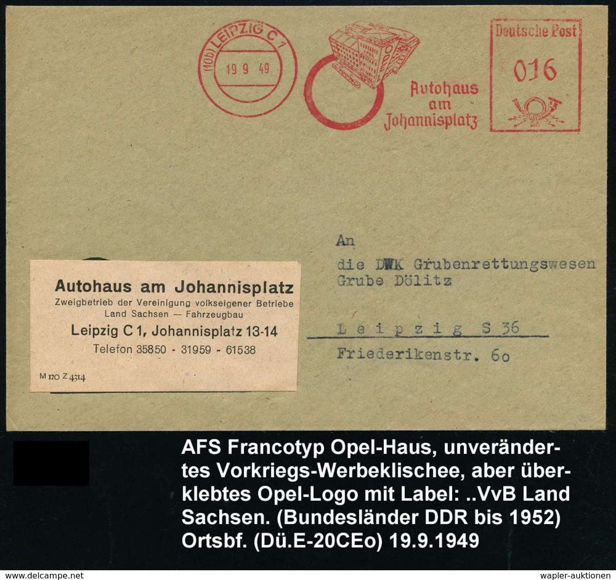OPEL / GENERAL MOTORS : (10b) LEIPZIG C1/ OPEL/ Autohaus/ Am/ Johannisplatz 1949 (19.9.) AFS = Opel-Haus Mit Tankstelle  - Voitures