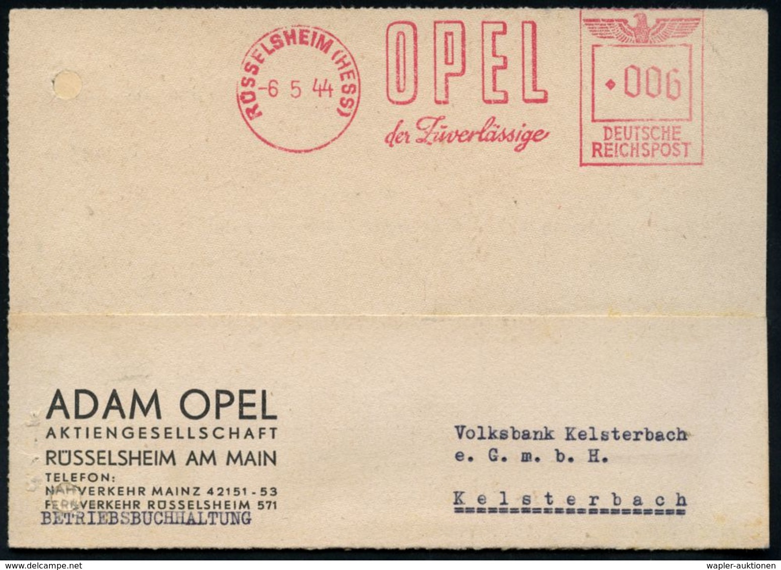 OPEL / GENERAL MOTORS : RÜSSELSHEIM (HESS)/ OPEL/ Der Zuverlässige 1944 (6.5.) Seltener AFS-Typ "Antiqua" Auf Firmen-Kt. - Automobili