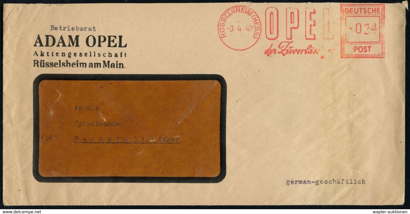 OPEL / GENERAL MOTORS : RÜSSELSHEIM (HESS)/ OPEL/ Der Zuverlässige 1947 (9.5.) Seltener AFS-Typ "Hochrechteck" Klar Auf  - Voitures
