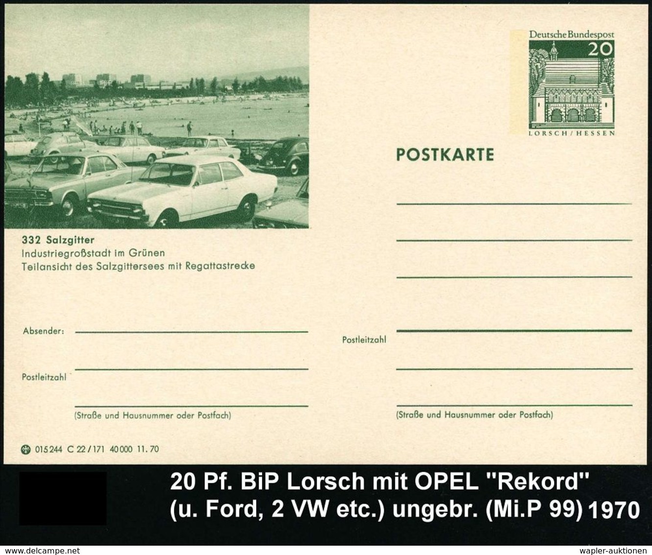 OPEL / GENERAL MOTORS : 332 Salzgitter 1968/70 BiP 20 Pf. Lorsch, Grün: Parkplatz Mit Opel "Rekord" (u. Ford, VW) Ungebr - Automobili