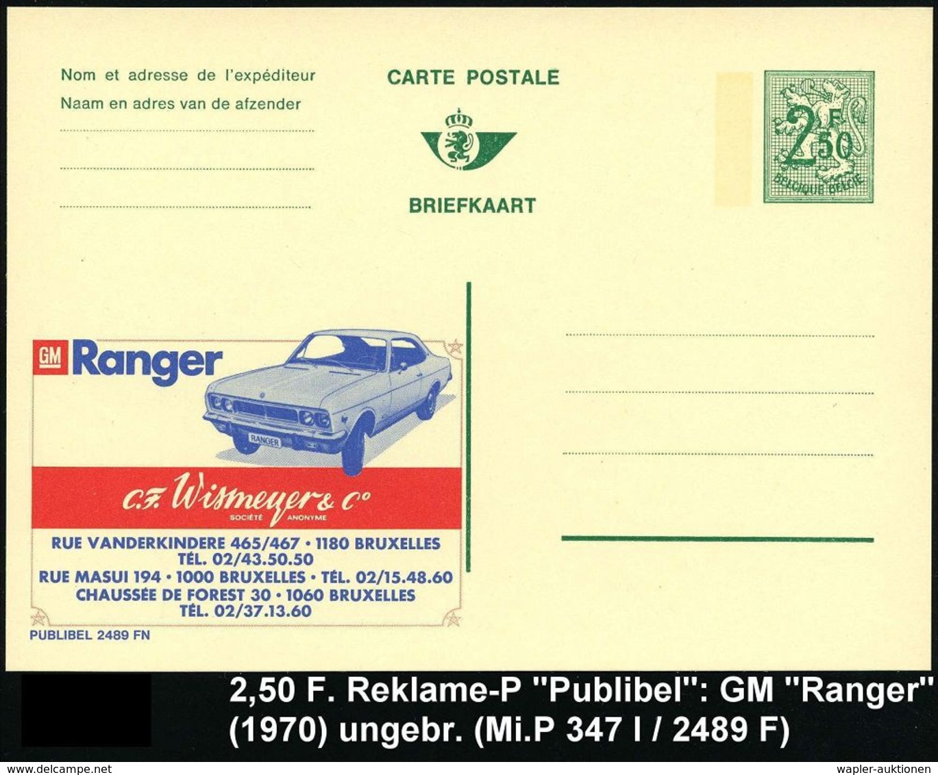 OPEL / GENERAL MOTORS : BELGIEN 1970 2,50 F. Reklame-P, Oliv: GM Ranger.. (Ranger-Coupé) Ungebr., (Mi.P 347 I / 2489) - Voitures