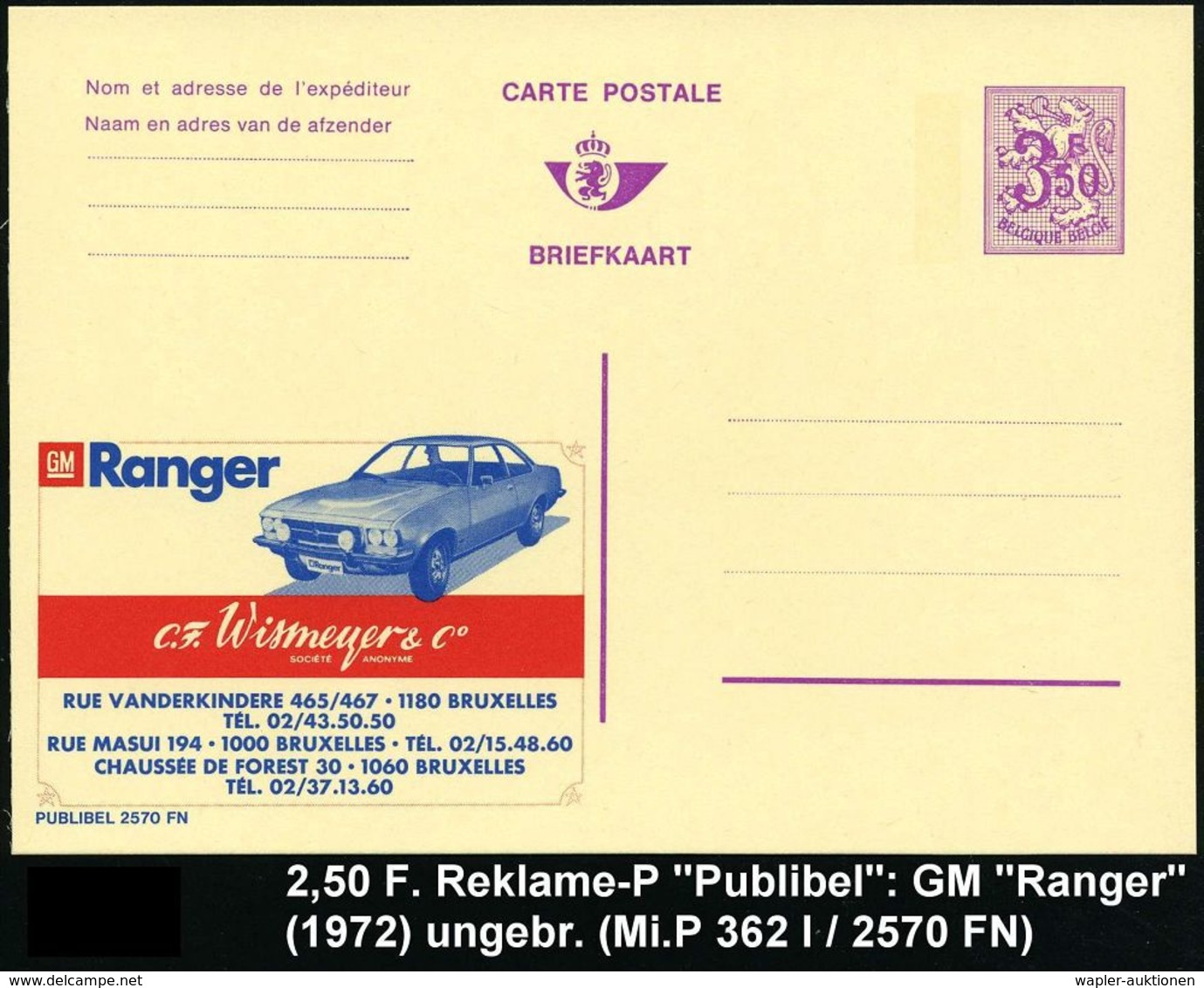 OPEL / GENERAL MOTORS : BELGIEN 1972 3,50 F. Reklame-P., Wappenlöwe, Viol.: GM Ranger/C. F. Wismeyer & Co.. = Ranger Lim - Autos