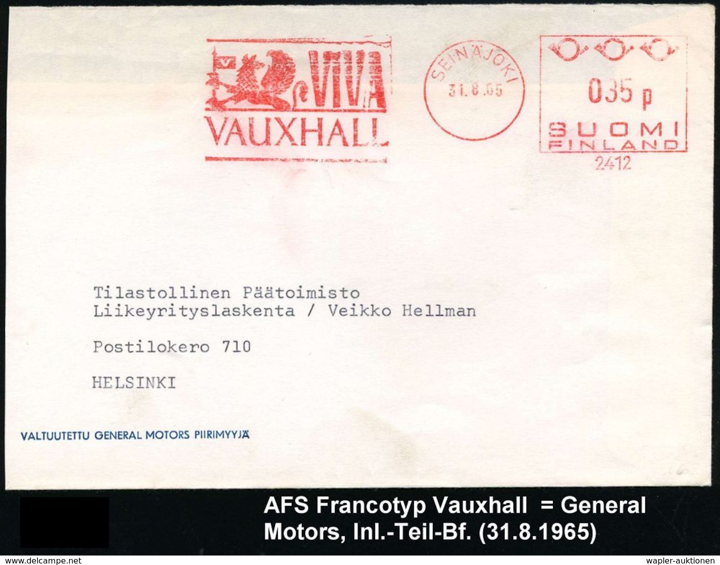 OPEL / GENERAL MOTORS : FINNLAND 1965 AFS: SEINÄJOKI/2412/ VIVA/ VAUXHALL (Logo) Klar Auf Etw. Verkürztem Firmen-Bf. - Voitures