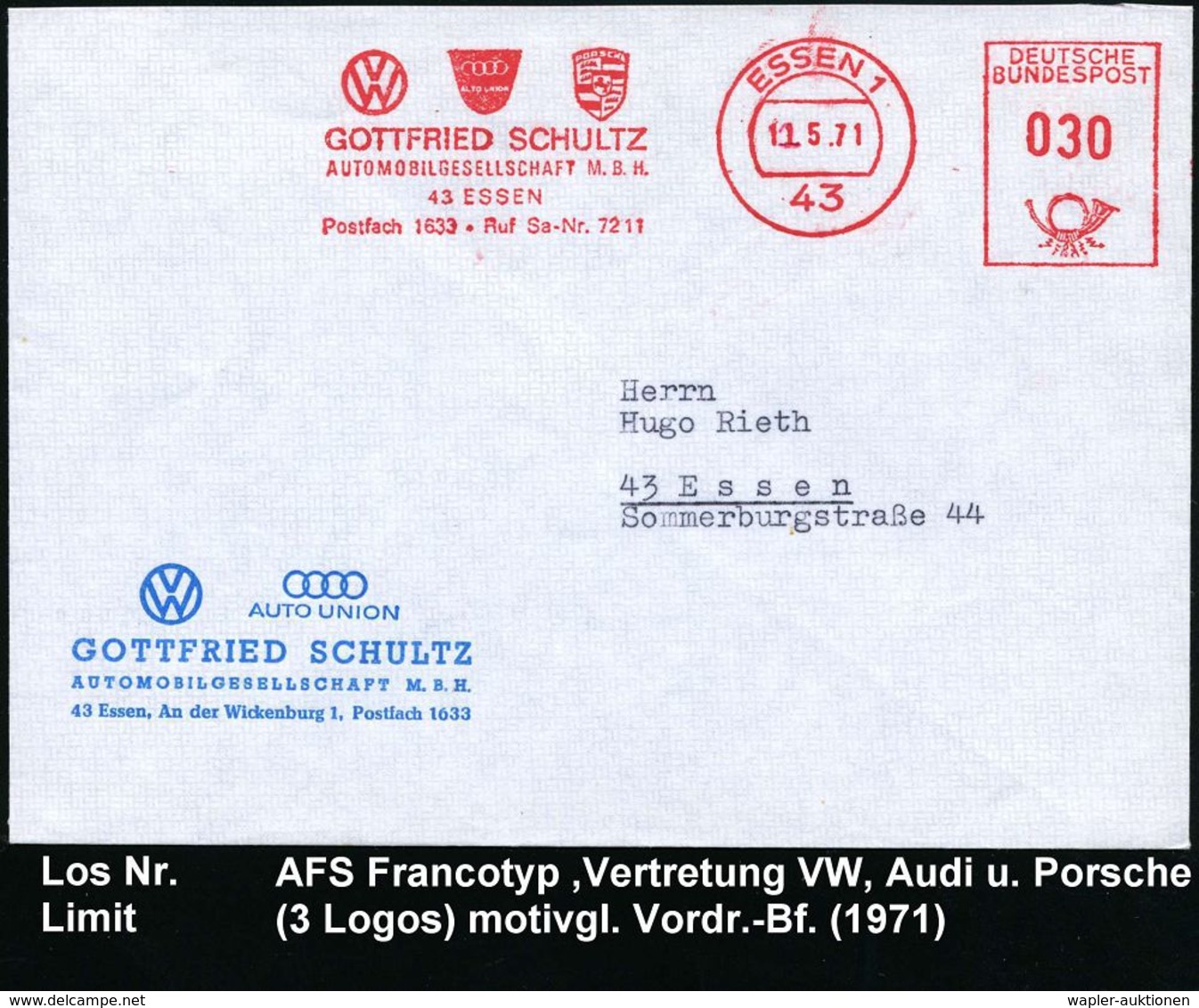 VOLKSWAGEN / VW / K.-D.-F.-WAGEN / PORSCHE : 43 ESSEN 1/ VW AUTO UNION PORSCHE/ GOTTFRIED SCHULTZ.. 1971 (12.5.) AFS, Fi - Cars