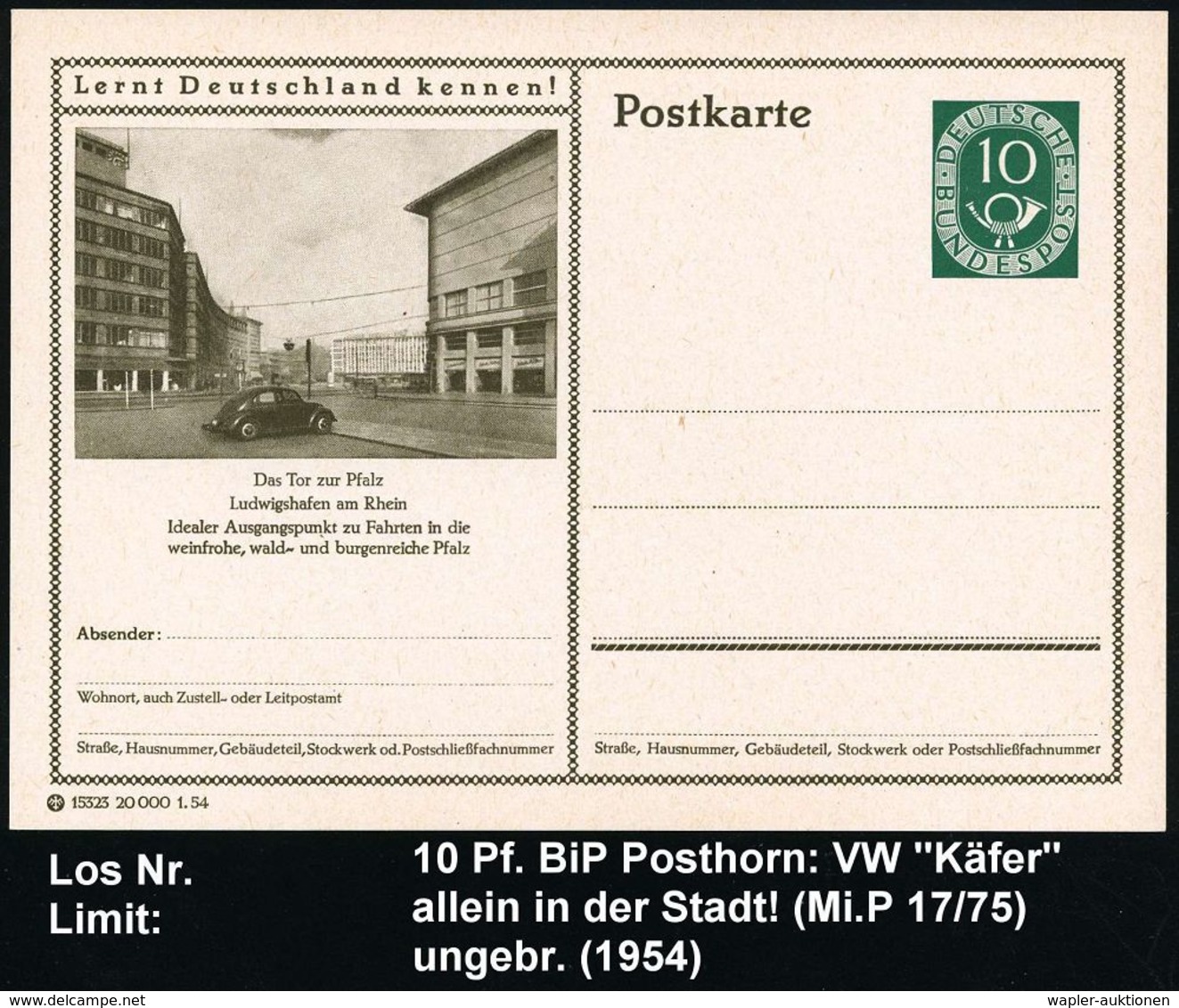 VOLKSWAGEN / VW / K.-D.-F.-WAGEN / PORSCHE : Ludwigshafen A.Rhein/ ...Pfalz 1954 10 Pf. Posthorn BiP: VW-Käfer (im Vorde - Automobili