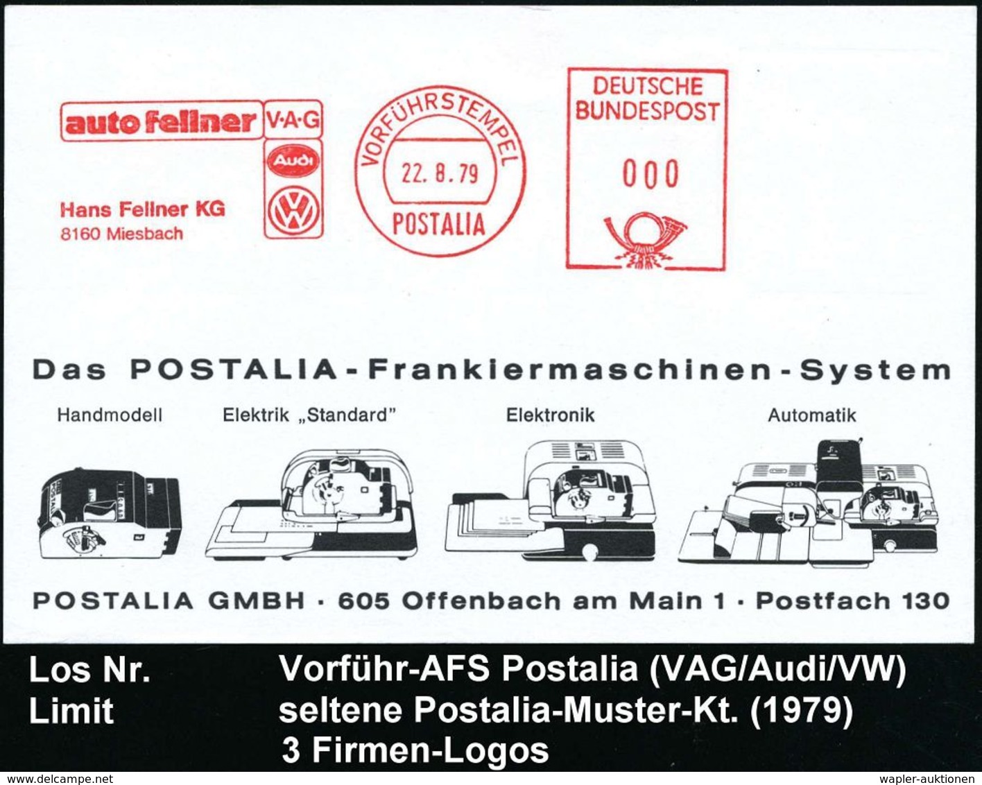 VOLKSWAGEN / VW / K.-D.-F.-WAGEN / PORSCHE : 8160 Miesbach 1979 (22.8.) AFS: VORFÜRHSTEMPEL/POSTALIA/auto Fellner/V-A-G/ - Automobili