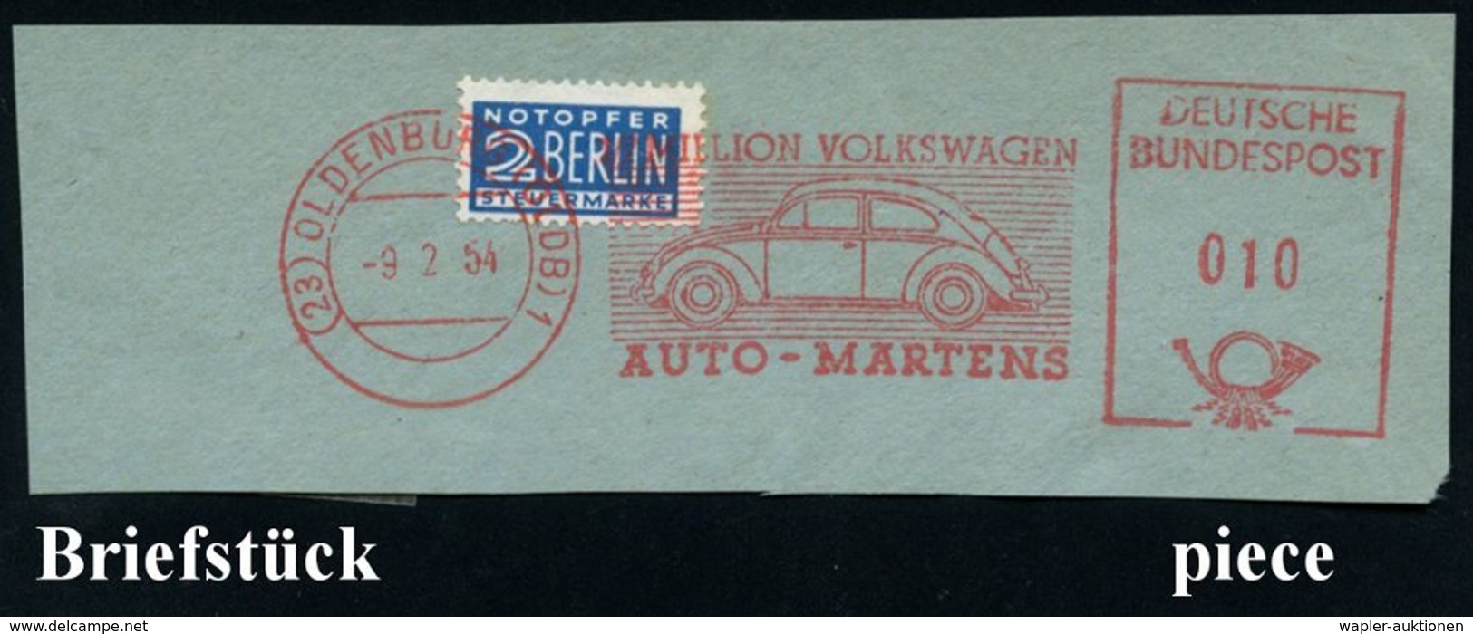 VOLKSWAGEN / VW / K.-D.-F.-WAGEN / PORSCHE : (23) OLDENBURG (OLDB)1/ VW/ AUTO-MARTENS 1954 (19.5.) AFS = VW "Käfer" Auf  - Voitures