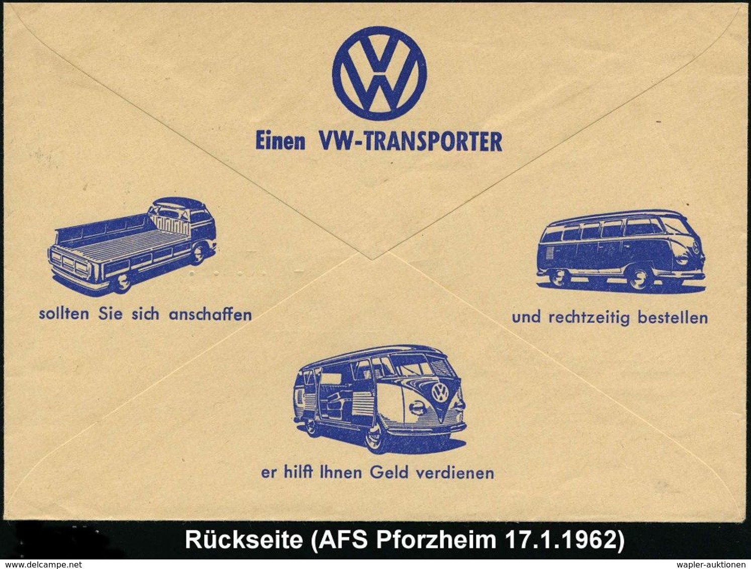 VOLKSWAGEN / VW / K.-D.-F.-WAGEN / PORSCHE : (17a) PFORZHEIM 1/ Volks-/ Wagen/ +VW/ 1500/ VW 1962 (17.1.) AFS = VW-Logo  - Autos