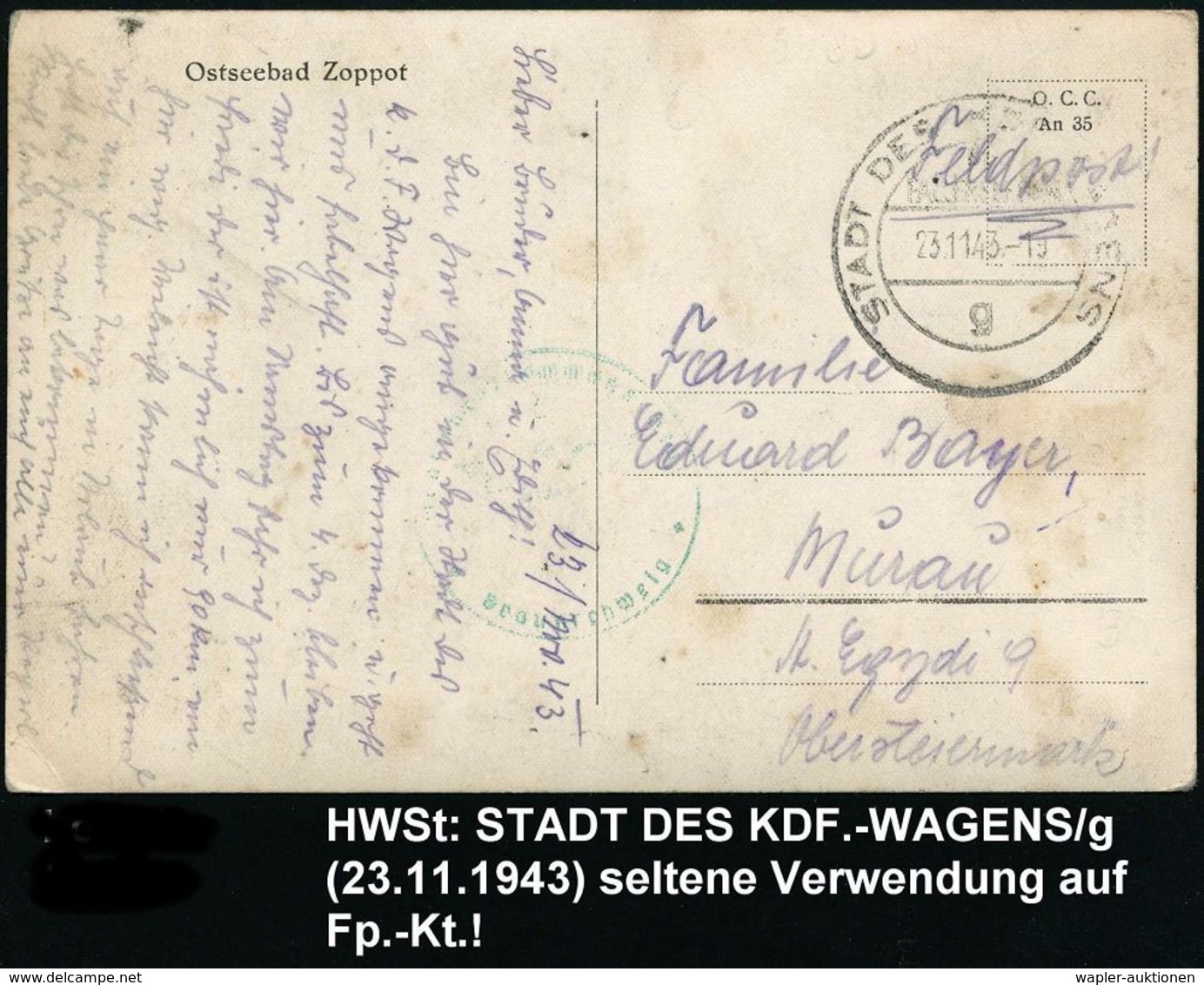 VOLKSWAGEN / VW / K.-D.-F.-WAGEN / PORSCHE : STADT DES KDF-WAGENS/ BEI/ FALLERSLEBEN/ G 1943 (23.11.) HWSt, UB "g" + Grü - Automobili