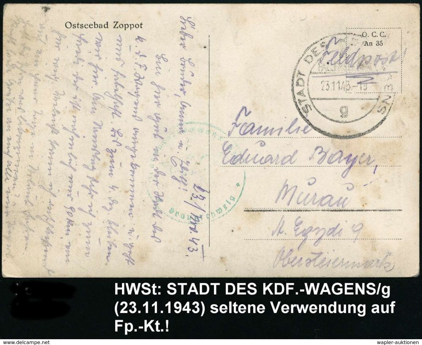 VOLKSWAGEN / VW / K.-D.-F.-WAGEN / PORSCHE : STADT DES KDF-WAGENS/ BEI/ FALLERSLEBEN/ G 1943 (23.11.) HWSt, UB "g" + Grü - Voitures