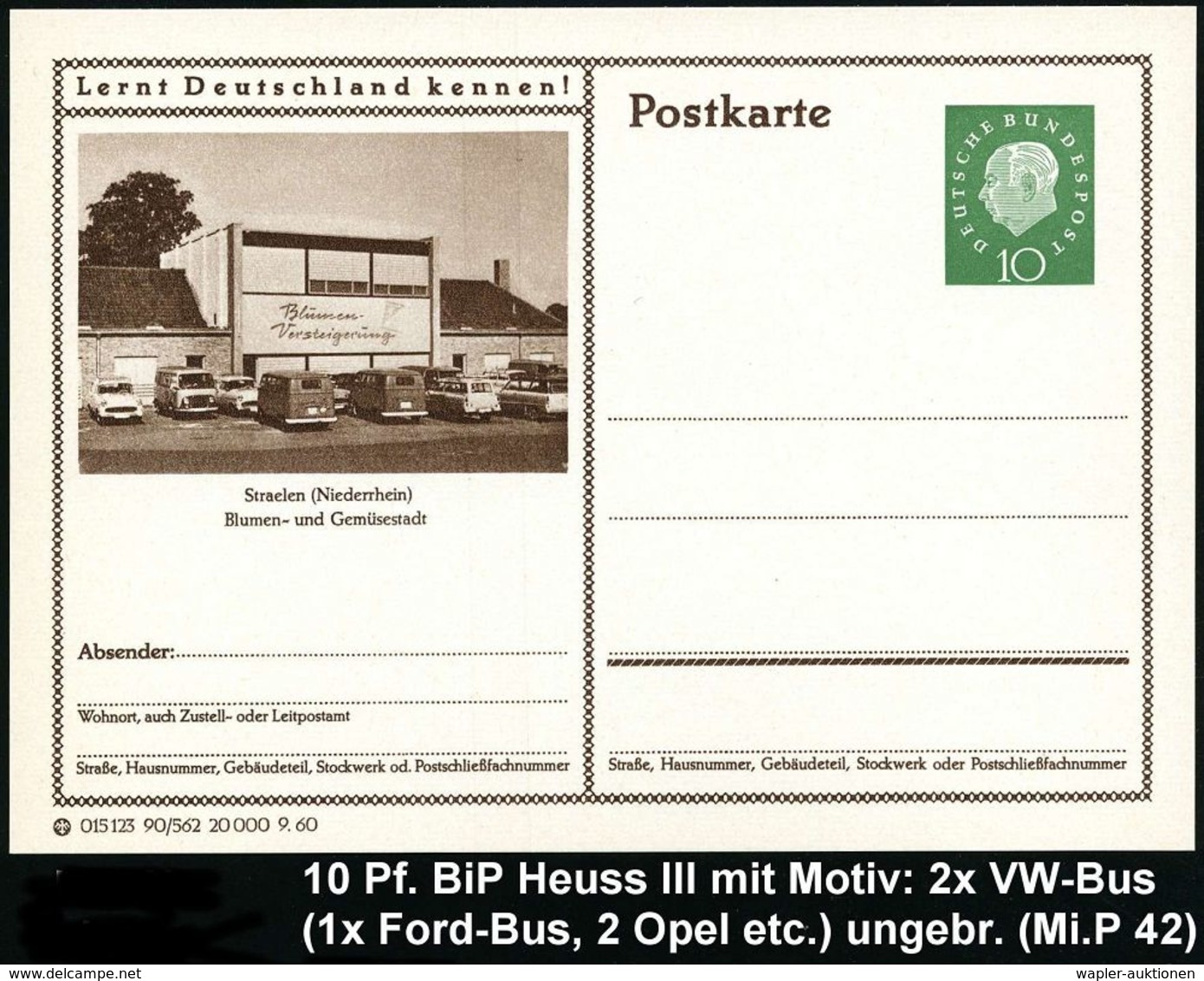 VOLKSWAGEN / VW / K.-D.-F.-WAGEN / PORSCHE : Straelen (Niederrhein) 1960 10 Pf. BiP Heuss III, Grün: Blumen-Versteigerun - Automobili