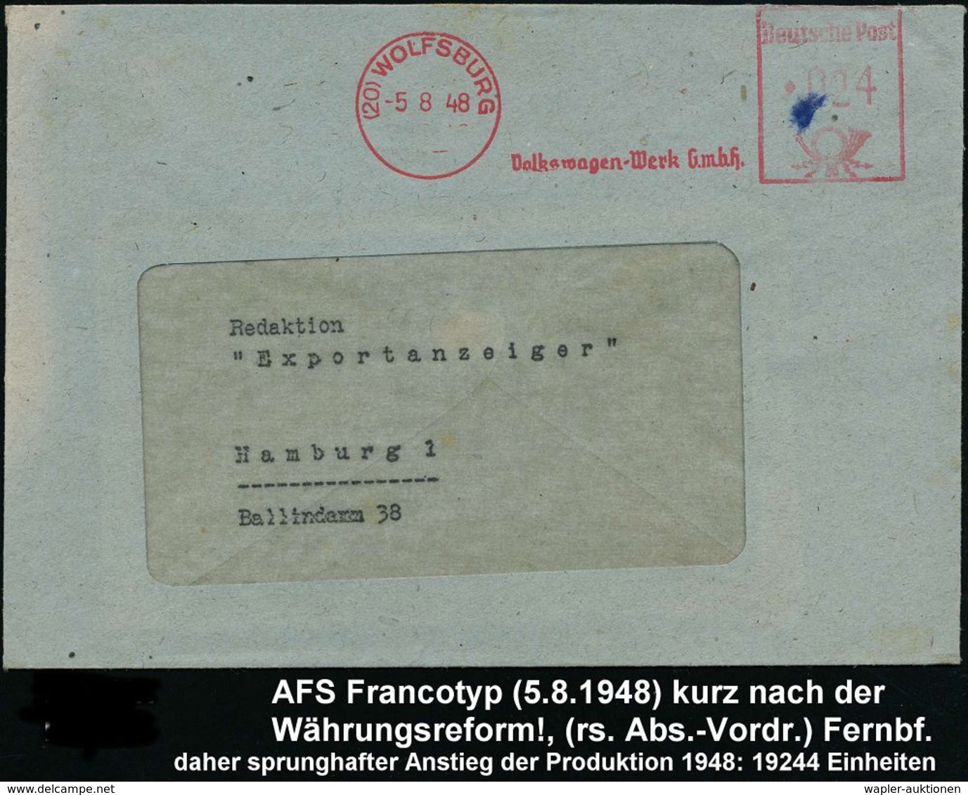 VOLKSWAGEN / VW / K.-D.-F.-WAGEN / PORSCHE : (20) WOLFSBURG/ Volkswagen-Werk GmbH 1948 (5.8.) AFS, Rs. Abs.-Vordruck Aus - Cars
