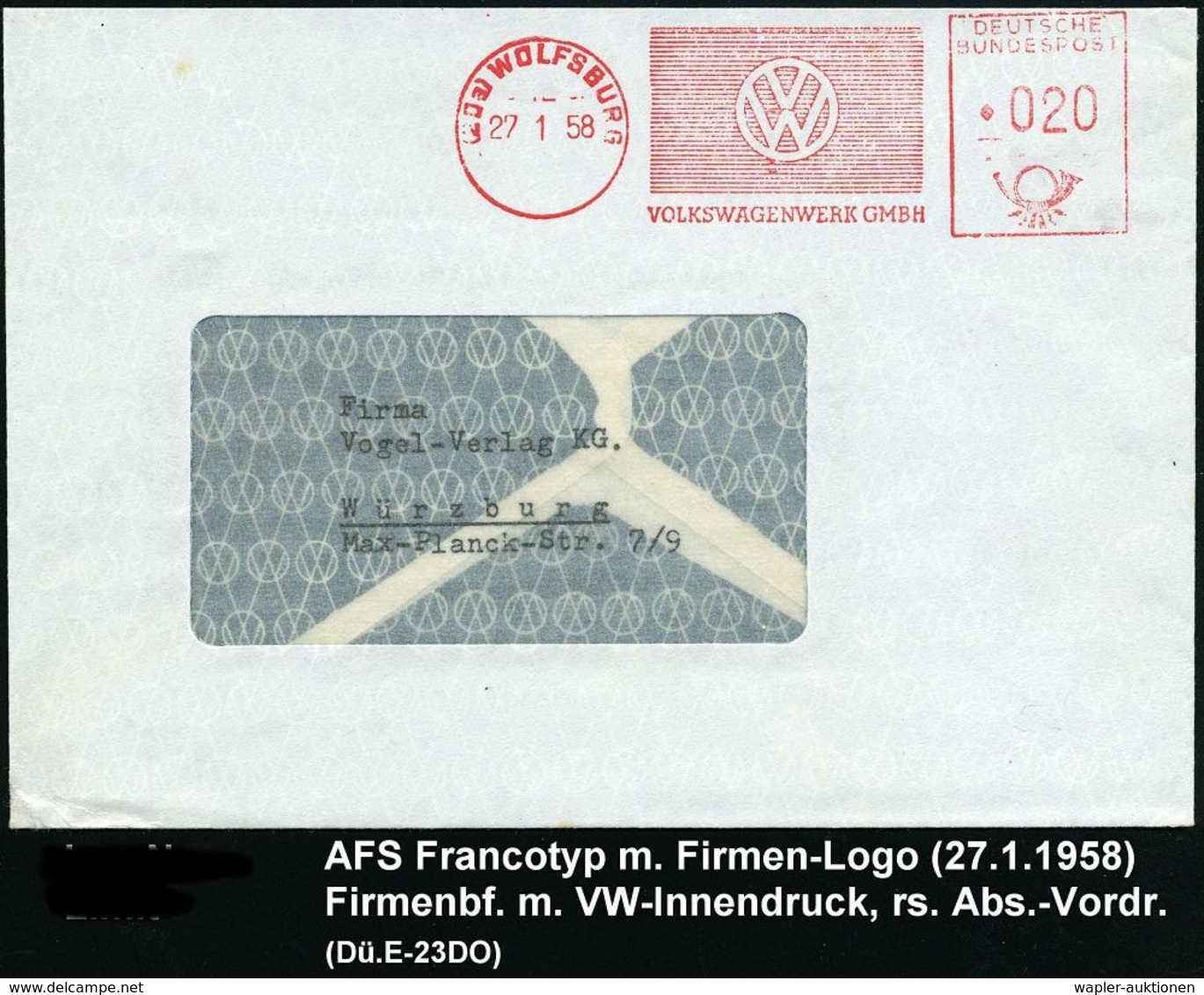 VOLKSWAGEN / VW / K.-D.-F.-WAGEN / PORSCHE : (20a) WOLFSBURG/ VOLKSWAGENWERK GMBH 1958 (27.1.) AFS = VW-Logo Auf Firmen- - Automobili
