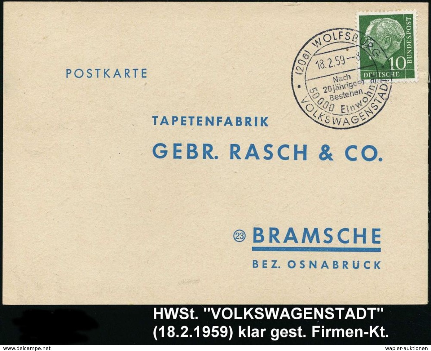 VOLKSWAGEN / VW / K.-D.-F.-WAGEN / PORSCHE : (20a) WOLFSBURG/ ..50000 Einwohner/ VOLKSWAGENSTADT 1959 (18.2.) HWSt Auf F - Automobili