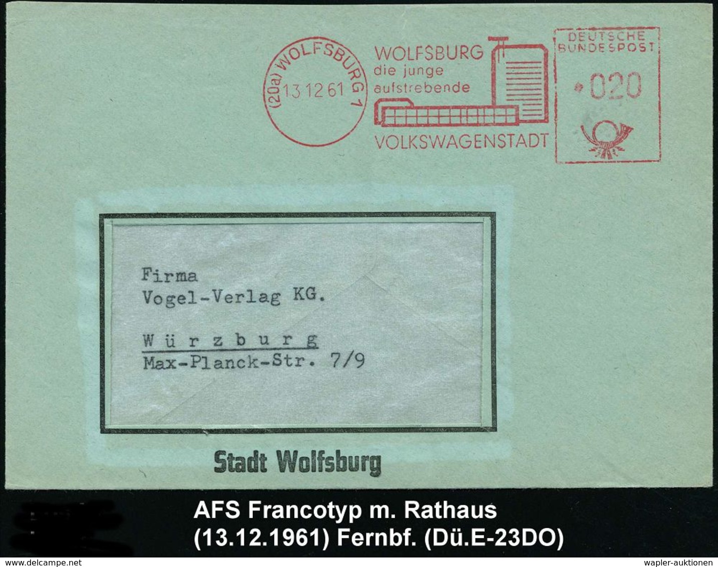 VOLKSWAGEN / VW / K.-D.-F.-WAGEN / PORSCHE : (20a) WOLFSBURG 1/ Die Junge/ ..VOLKSWAGENSTADT 1961 (13.12.) AFS (moderne  - Voitures