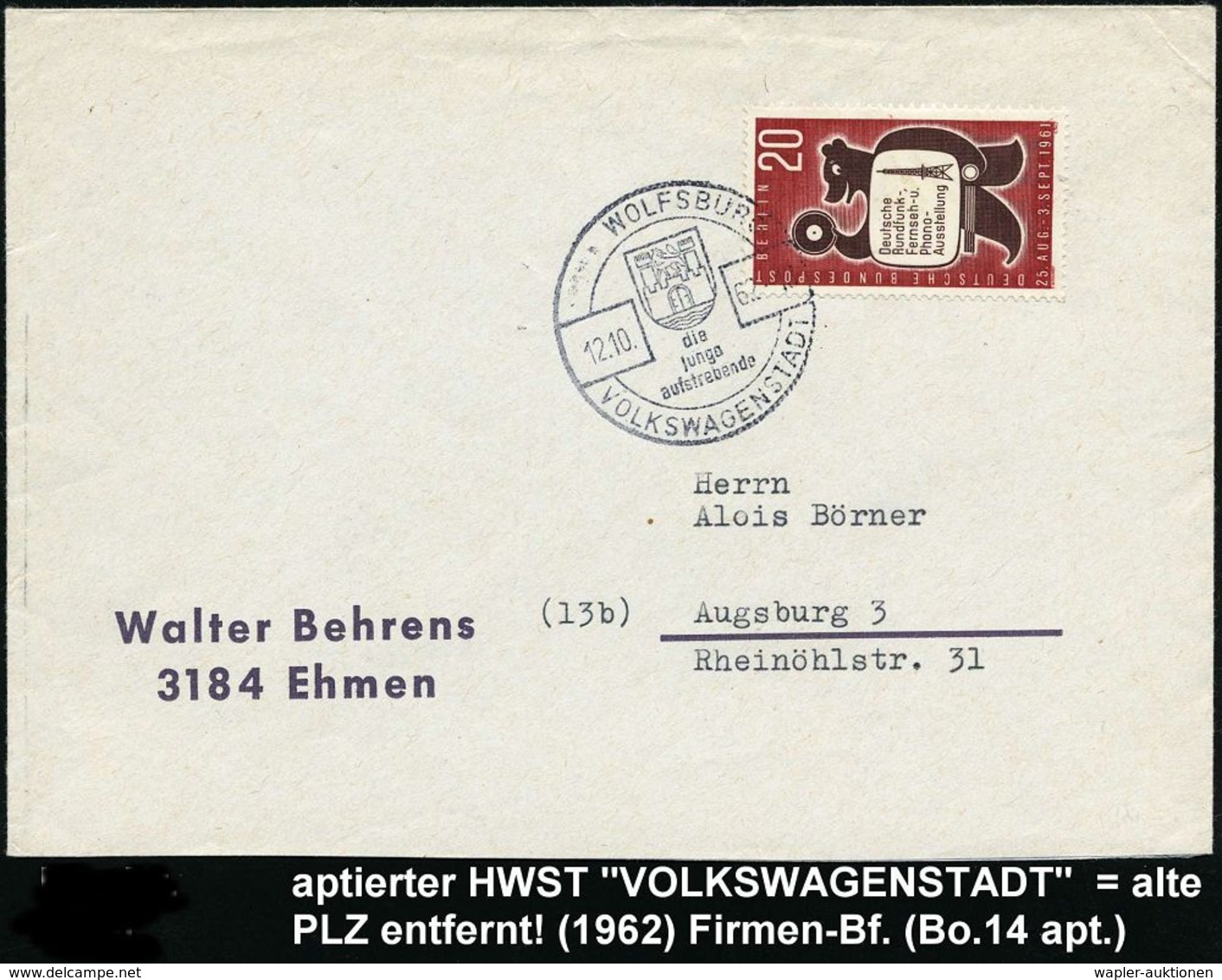 VOLKSWAGEN / VW / K.-D.-F.-WAGEN / PORSCHE : WOLFSBURG/ Die/ Junge/ ..VOLKSWAGENSTADT 1962 (12.10.) Aptierter HWSt = Alt - Autos