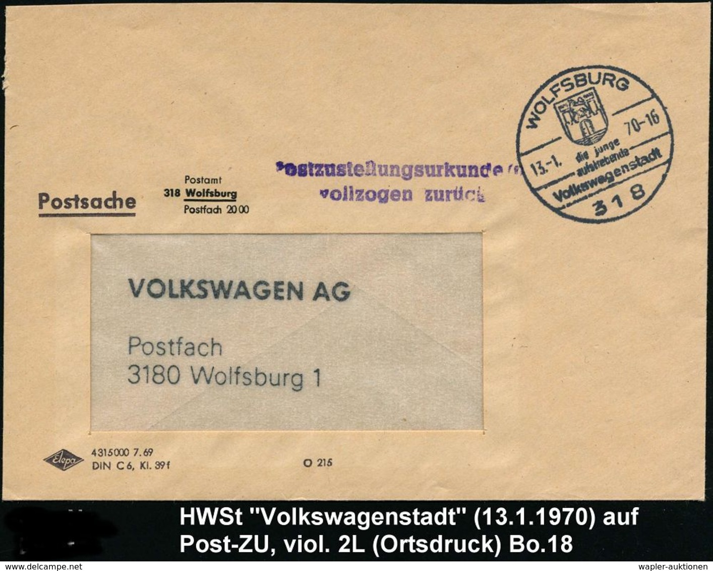 VOLKSWAGEN / VW / K.-D.-F.-WAGEN / PORSCHE : 318 WOLFSBURG/ Die Junge../ Volkswagenstadt 1970 (13.1.) HWSt Auf Postdiens - Cars