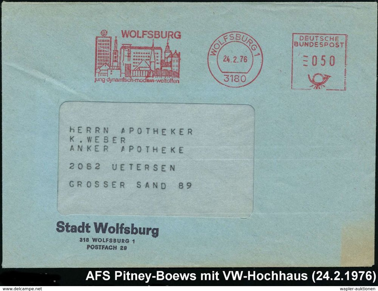 VOLKSWAGEN / VW / K.-D.-F.-WAGEN / PORSCHE : 3180 WOLFSBURG 1/ Jung-dynamisch.. 1976 (24.2.) AFS = Ortsbild Mit VW-Hochh - Autos