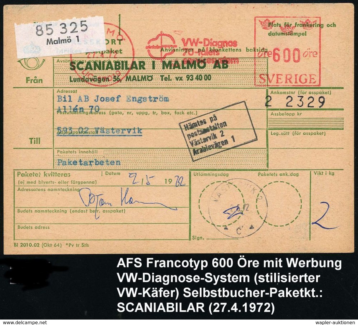 VOLKSWAGEN / VW / K.-D.-F.-WAGEN / PORSCHE : SCHWEDEN 1972 (27.4.) AFS: MALMÖ/LIC.17019/VW-Diagnos.. (Meßskala) 600 Ö. + - Automobili