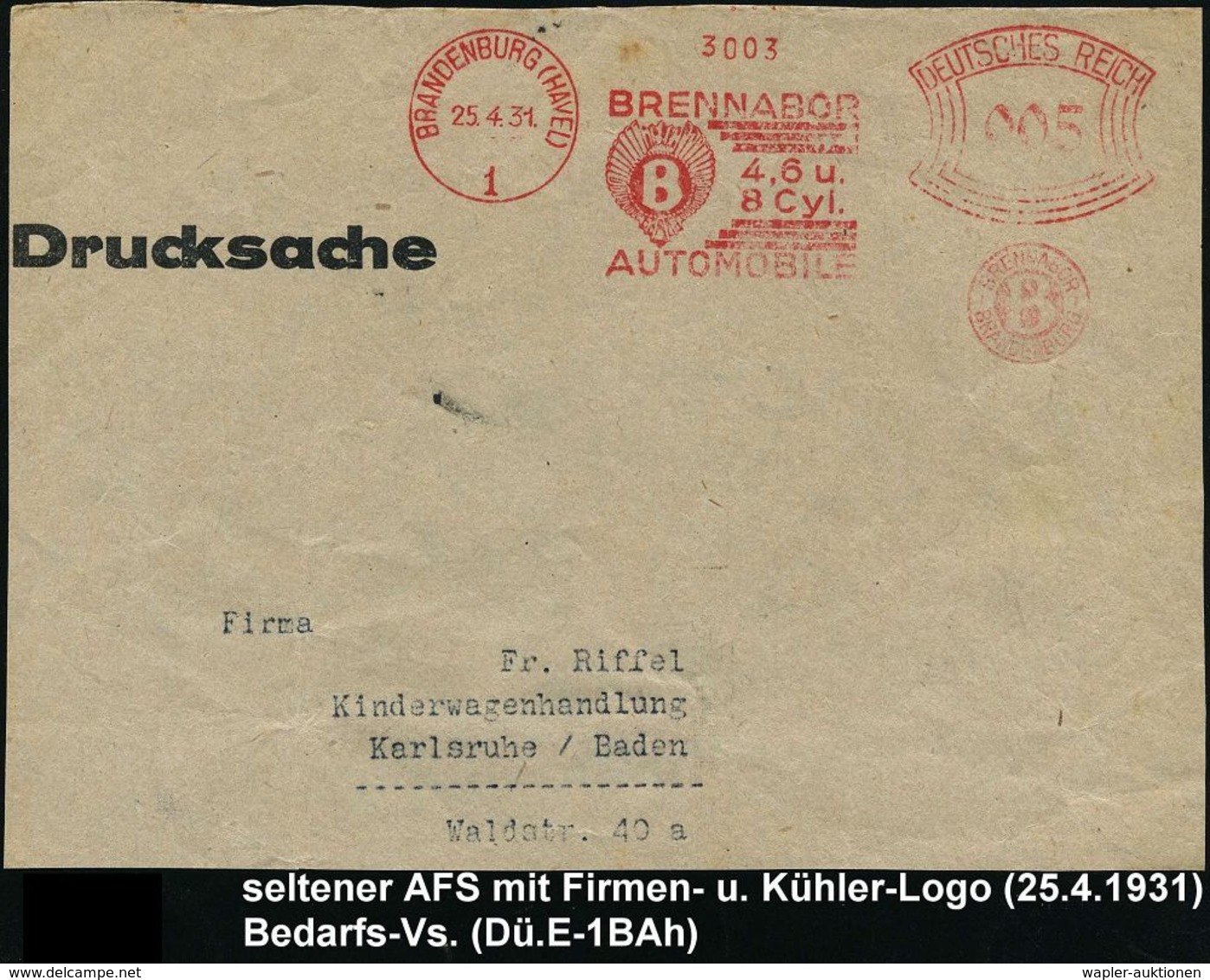 AUTOMOBIL-HERSTELLER DEUTSCHLAND : BRANDENBURG (HAVEL)/ 1/ BRENNABOR/ 4,6 U./ 8 Cyl./ AUTOMOBILE.. 1931 (25.4.) Seltener - Autos