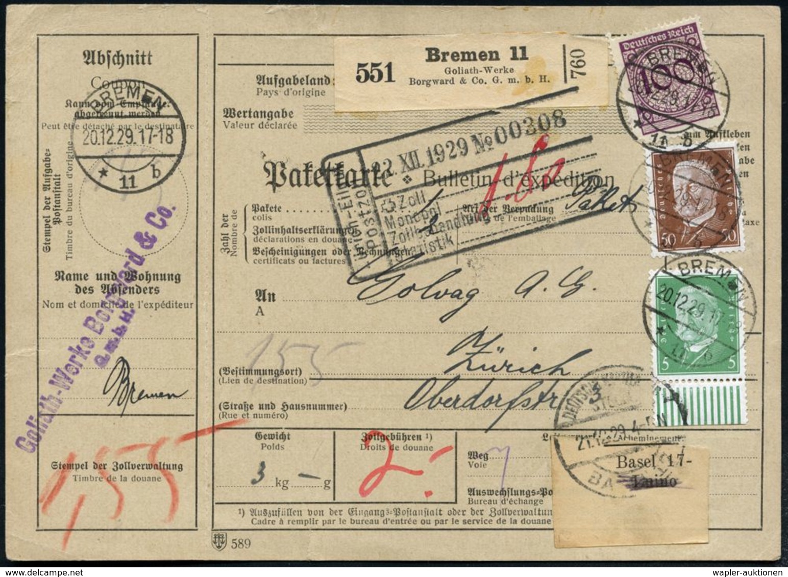 AUTOMOBIL-HERSTELLER DEUTSCHLAND : BREMEN/ *11b 1929 (20.12.) 1K-Brücke Auf 155 Pf.-Frankatur + Selbstbucher-Paketzettel - Cars