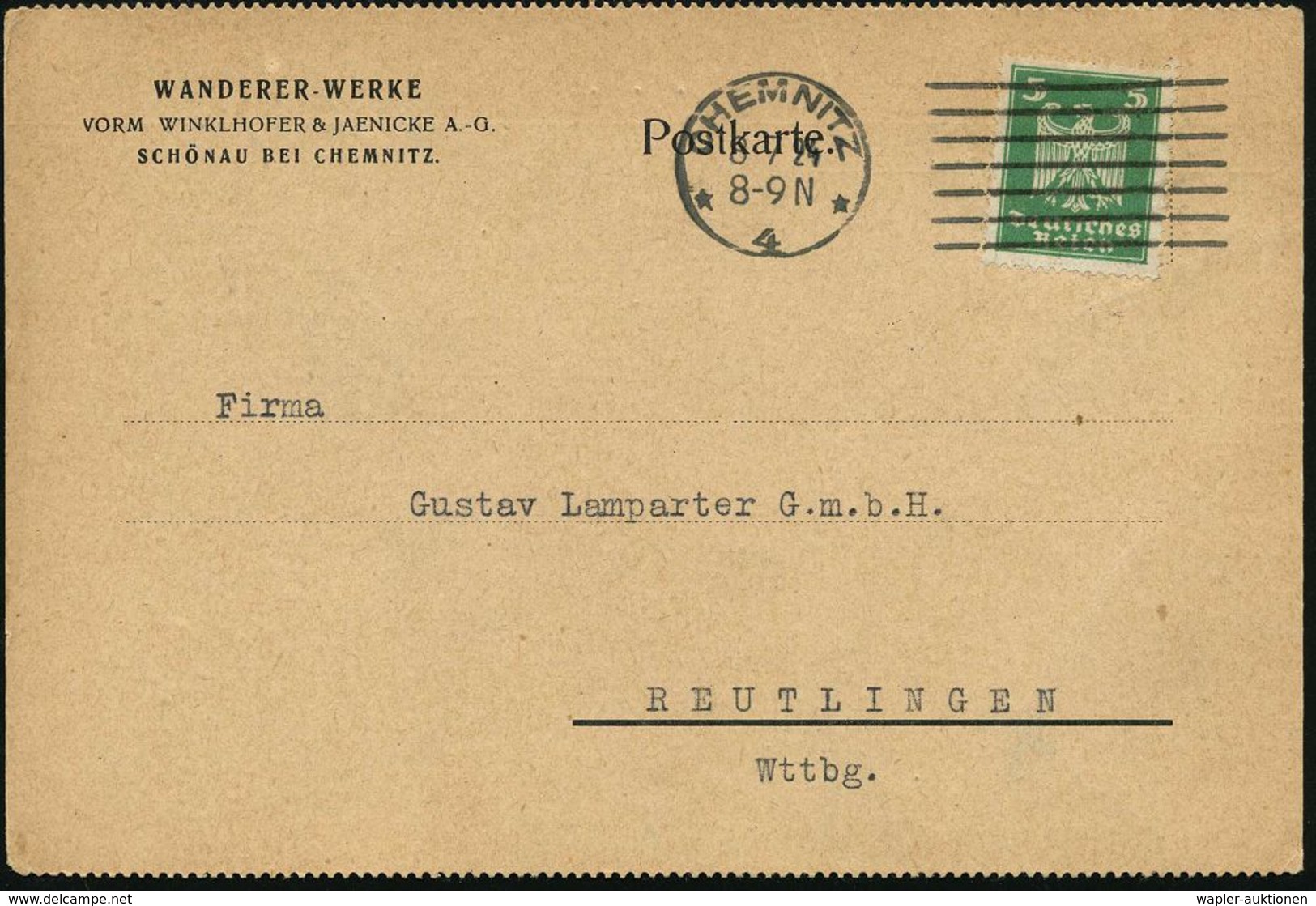 AUTOMOBIL-HERSTELLER DEUTSCHLAND : CHEMNITZ/ *4* 1924 (8.7.) MaStrichSt Auf Firmenkarte: WANDERER-WERKE/VORM. WINKLHOFER - Voitures