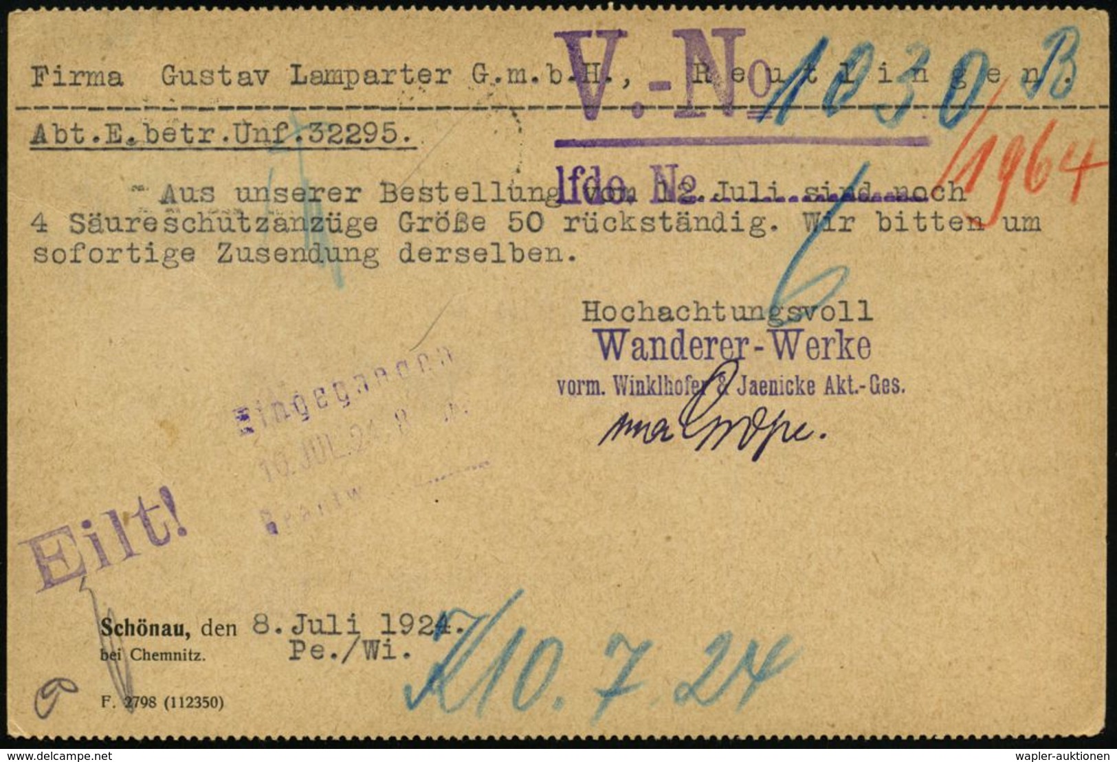 AUTOMOBIL-HERSTELLER DEUTSCHLAND : CHEMNITZ/ *4* 1924 (8.7.) MaStrichSt Auf Firmenkarte: WANDERER-WERKE/VORM. WINKLHOFER - Automobili