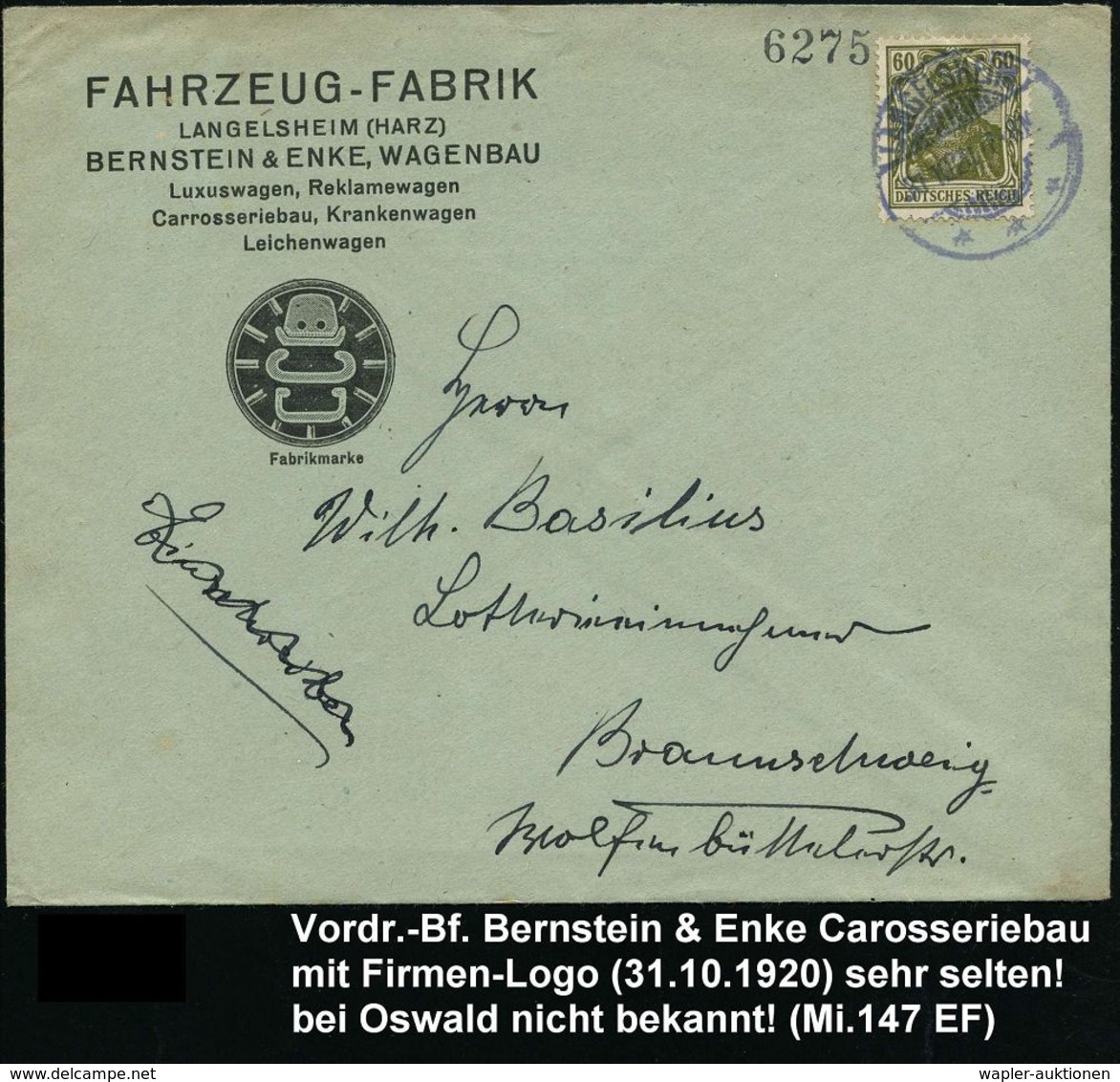 AUTOMOBIL-HERSTELLER DEUTSCHLAND : LANGELSHEIM/ *** 1921 (31.10.) 1K-Gitter Auf Dekorat. Firmen-Bf.: FAHRZEUG-FABRIK BER - Cars