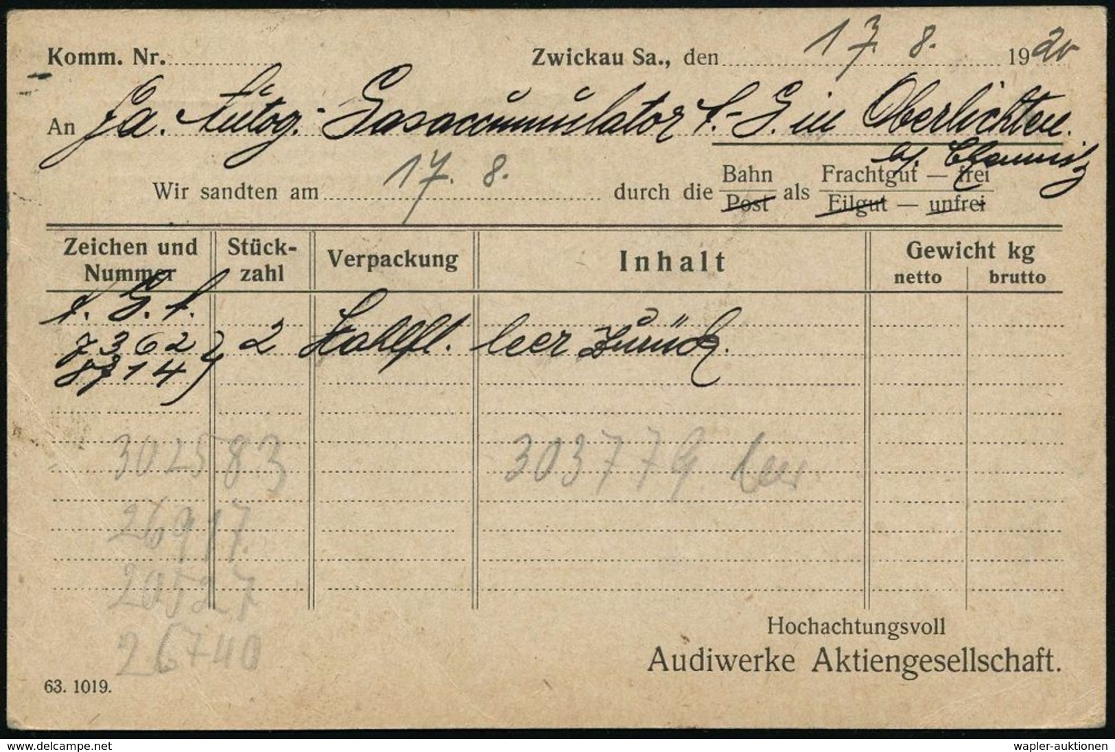 AUTOMOBIL-HERSTELLER DEUTSCHLAND : ZWICKAU (SACHSEN)/ *1* 1920 (17.8.) MaStrichSt Auf Firmen-Kt.: Audiwerke Aktiengesell - Cars