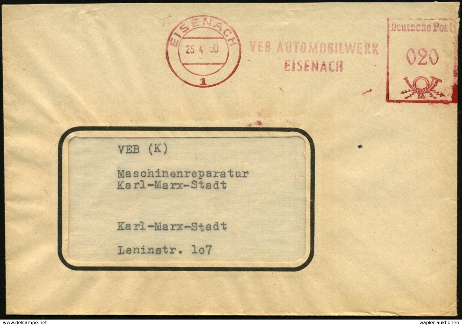 AUTOHERSTELLER D.D.R. : EISENACH/ 1/ VEB AUTOMOBILWERK/ EISENACH 1960 (25.4.) AFS = Vormals BMW Und EMW (u. Ex SAG Awtov - Voitures